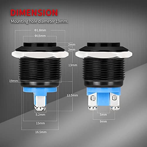 12V Momentary Horn Push Button Switch Black Metal Waterproof Round 19mm