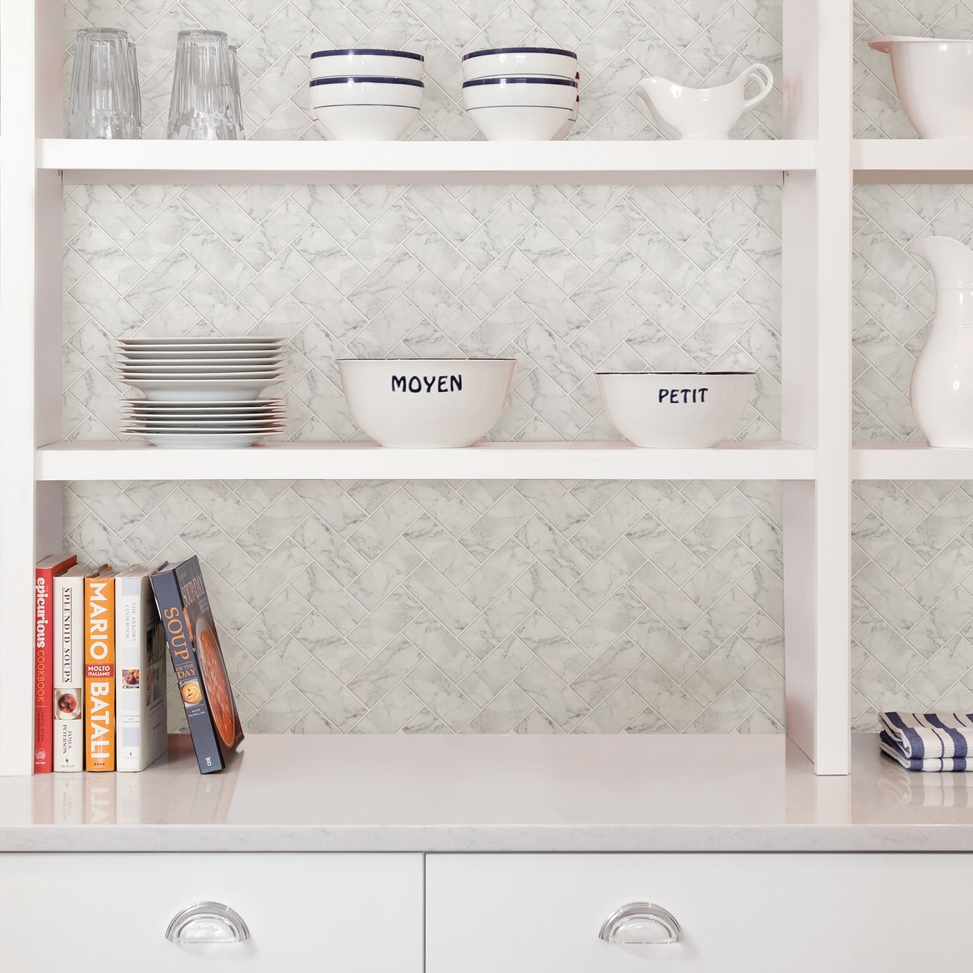 Wallpops Herringbone Carrara Marble Farmhouse Peel and Stick Tile Backslash DIY