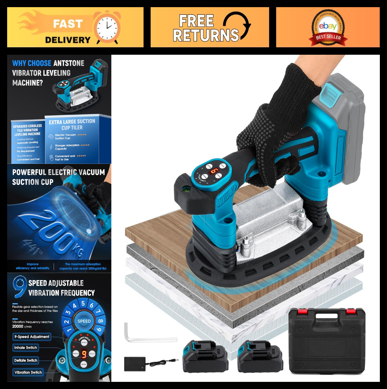 Tile Vibration Tool with Suction Cup – 220mm, 441lbs Capacity, 9 Speeds for Leve