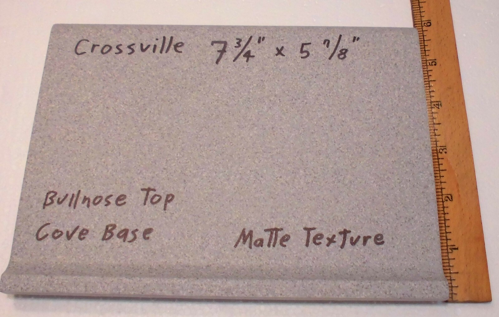 1 pc. Speckled Grays: Cove-Base Ceramic Tile, matte 7-3/4″ X 5-7/8″ Bullnose Top
