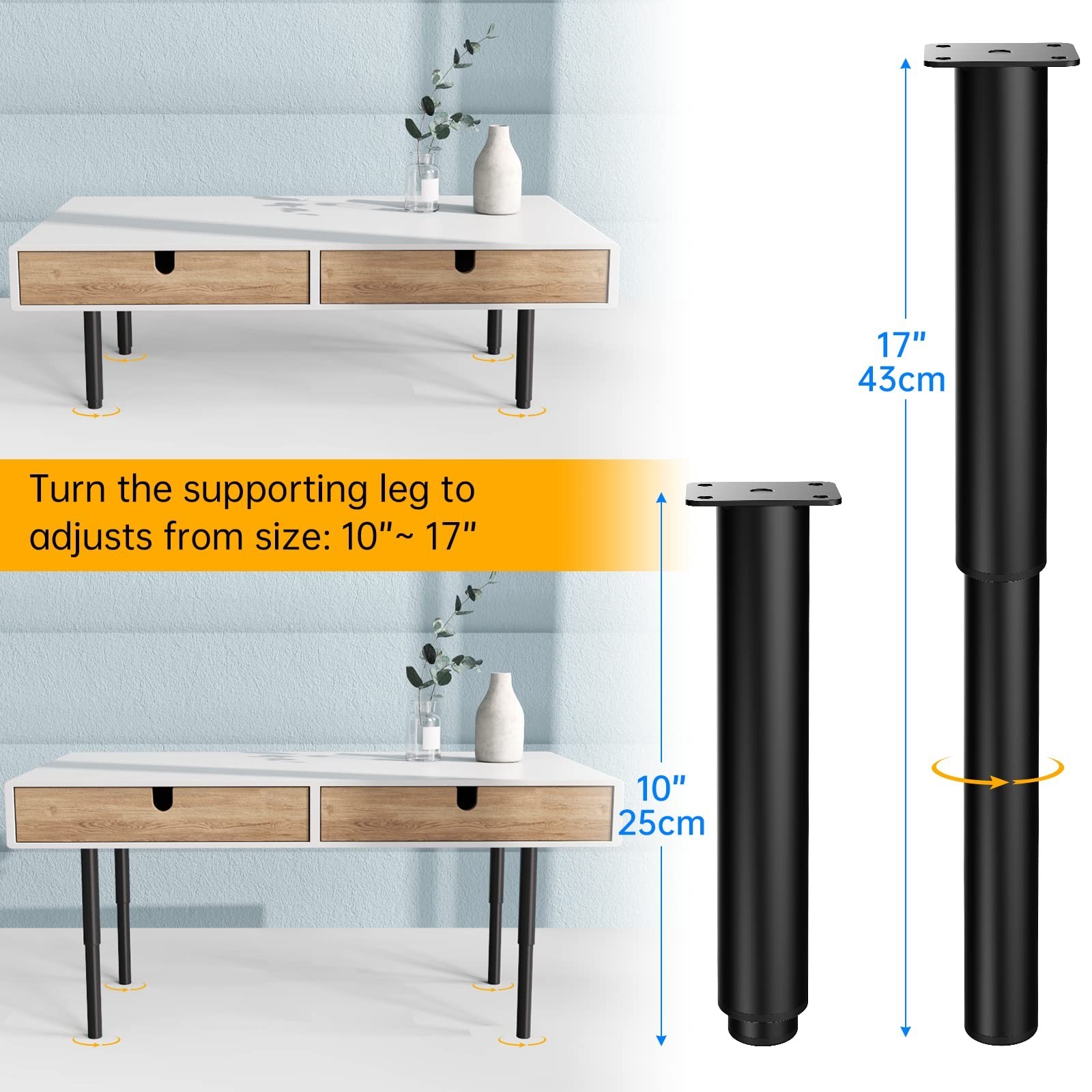 4 PCS Adjustable Furniture Legs,10″-17″ Adjustable Metal Height Replacement S…