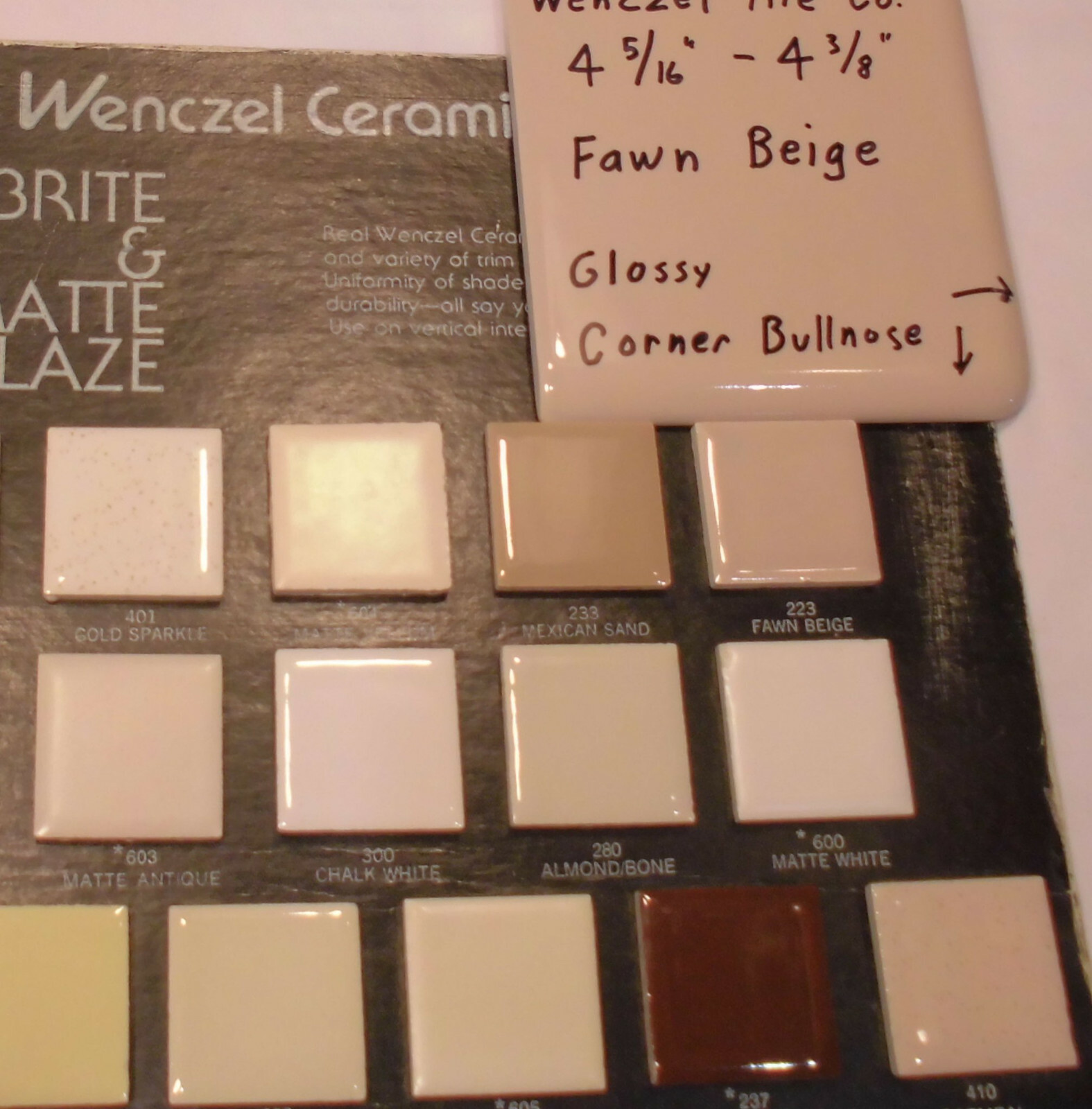 1 pc. Fawn Beige: Gloss Ceramic Corner Bullnose Tile by Wenczel Tile 4-5/16″