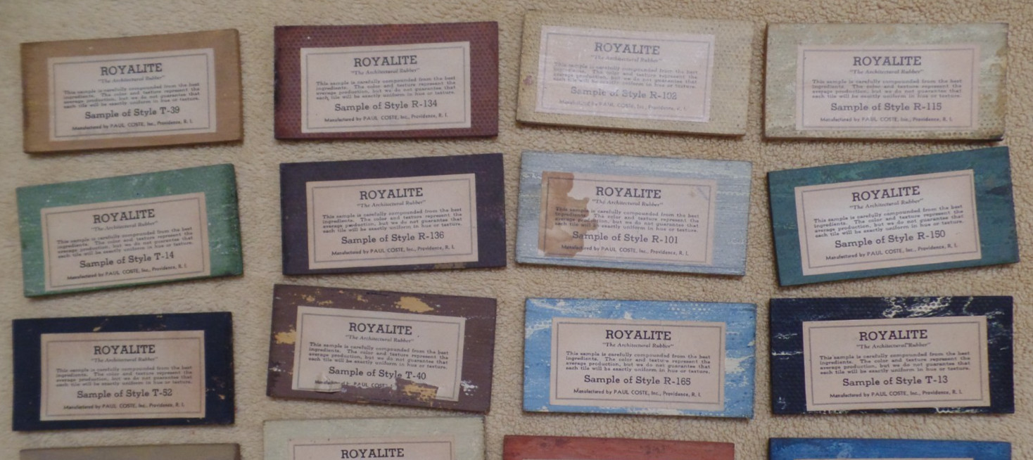 Vintage floor tile samples, Royalite, Paul Coste, Inc. Providence RI, with box