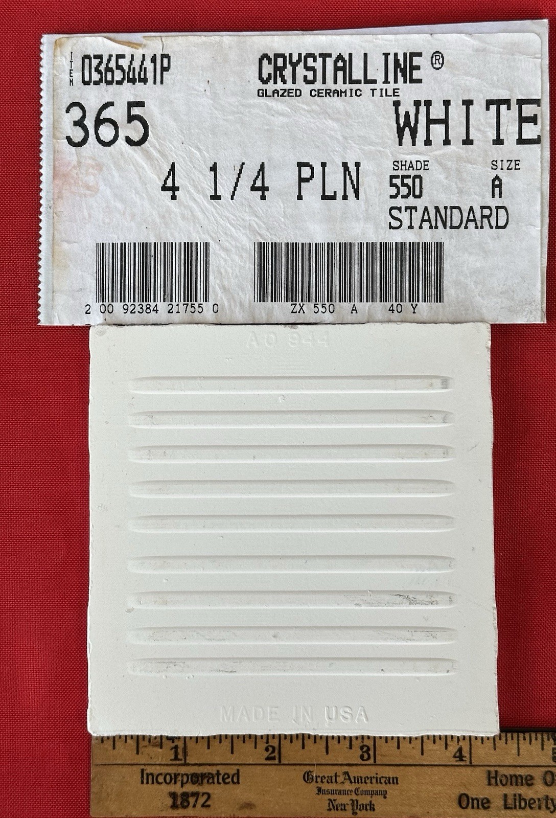 1 pc. White Crystalline Ceramic Tile by American Olean: 4-1/4″ from 1970’s -90’s