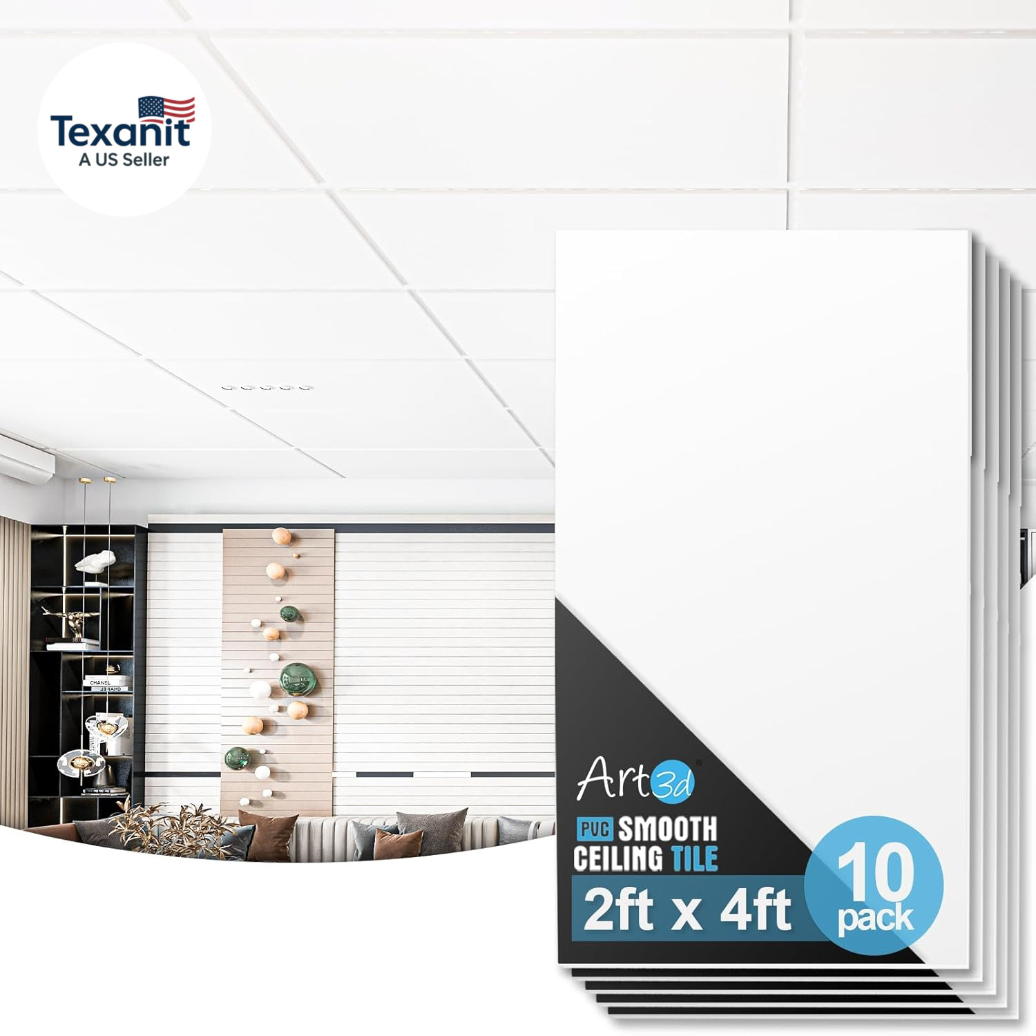 10-Pack Smooth Drop Ceiling Tile 2Ft X 4Ft – Fire-Rated, Waterproof, Reusable –