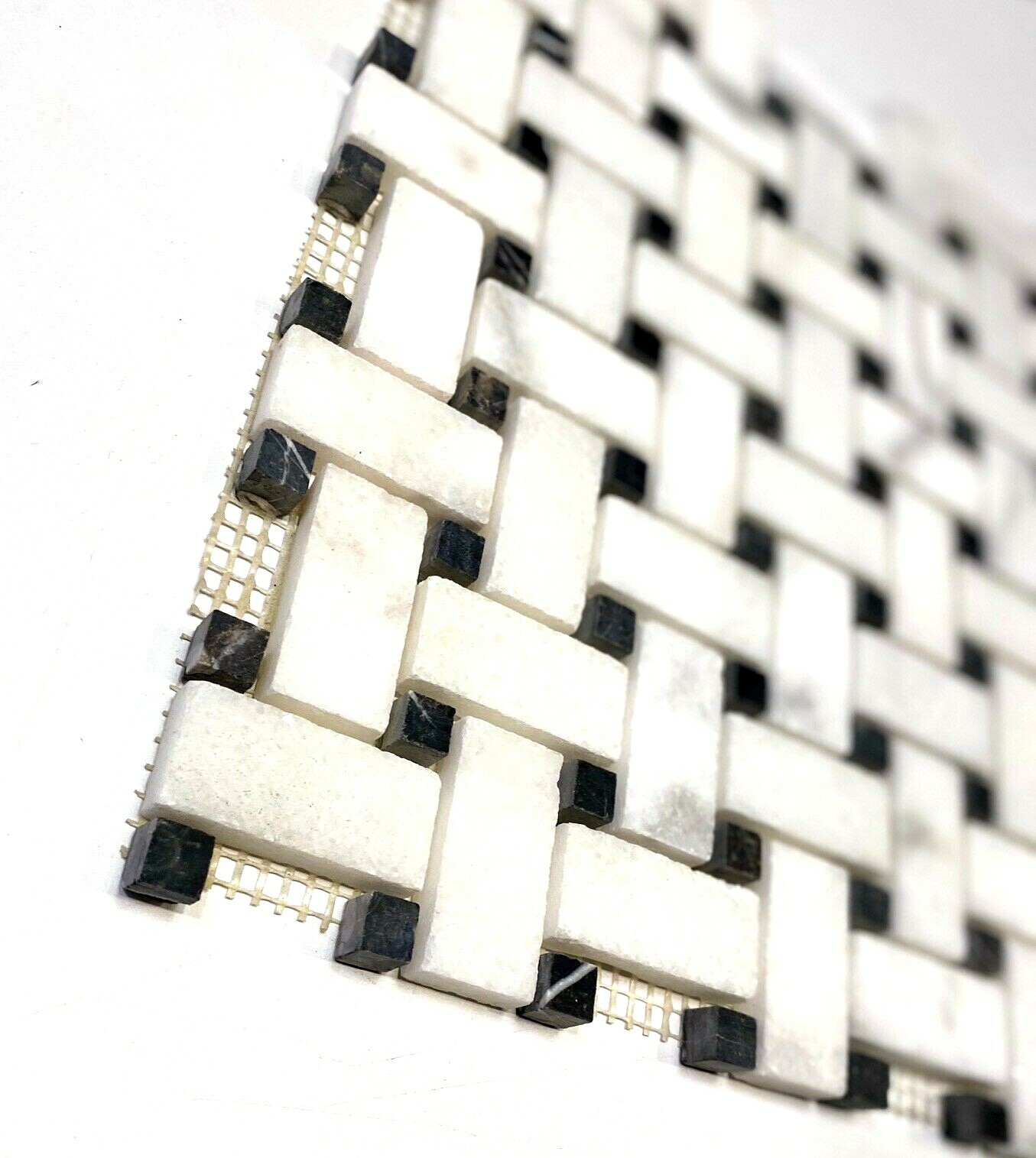 Carrara 1×2 Honed w/ Black Marble Dots Basketweave Floor Mosaic Tile Bathroom