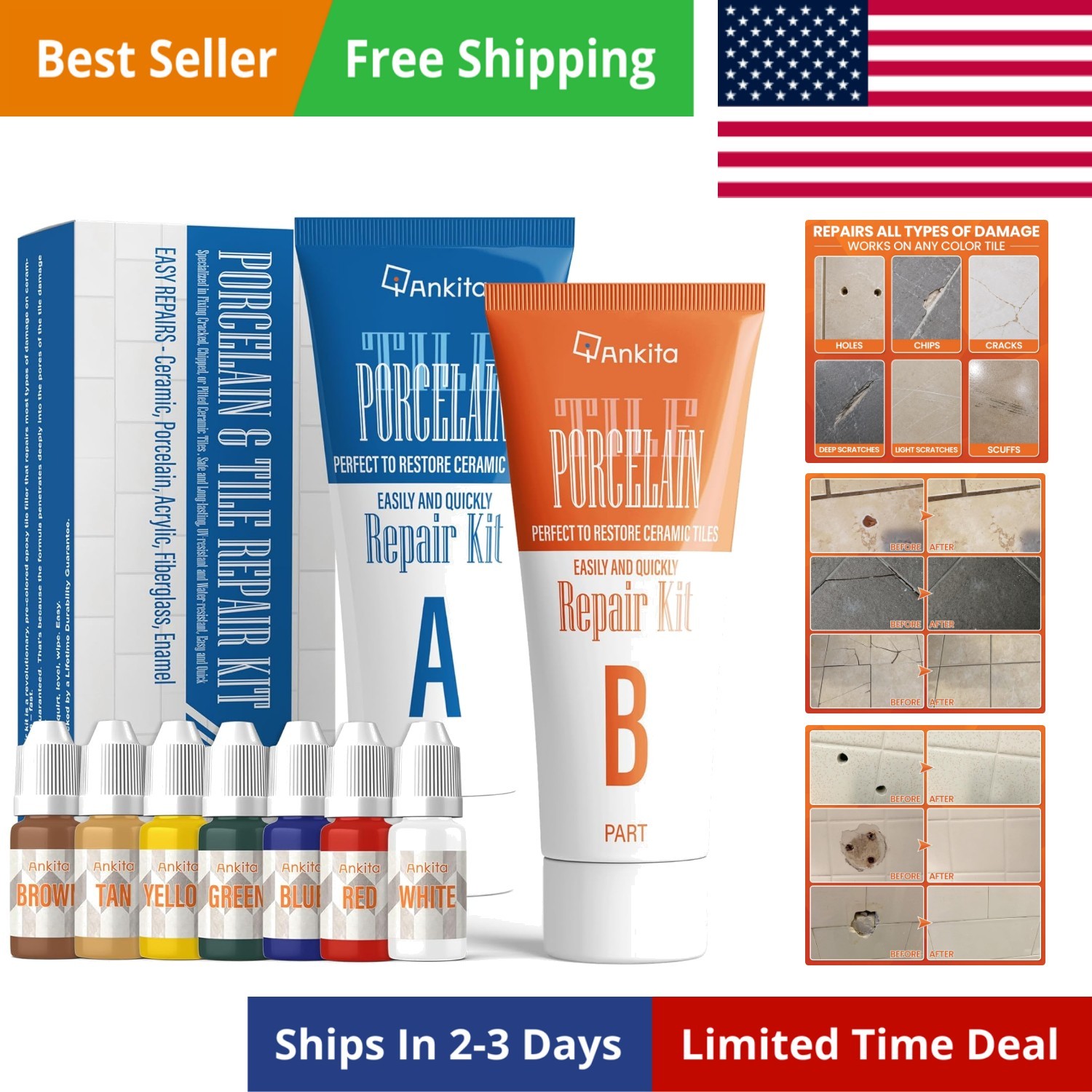 Tile Repair Kit, Ceramic Tile Repair Kit for Chips & Crack Color Match, Porce…