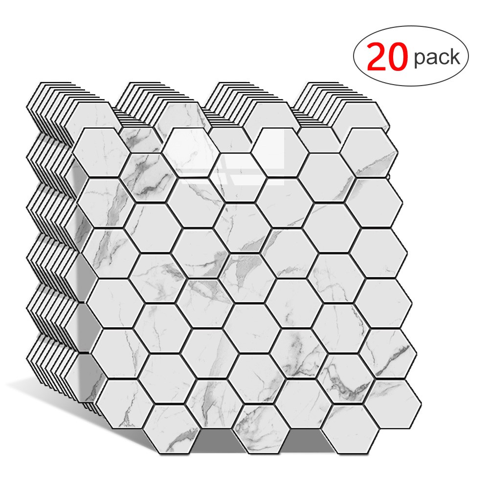 20pc Tiles Plaza Backsplash Tile for Kitchen Peel and Stick White Hexagon Marble