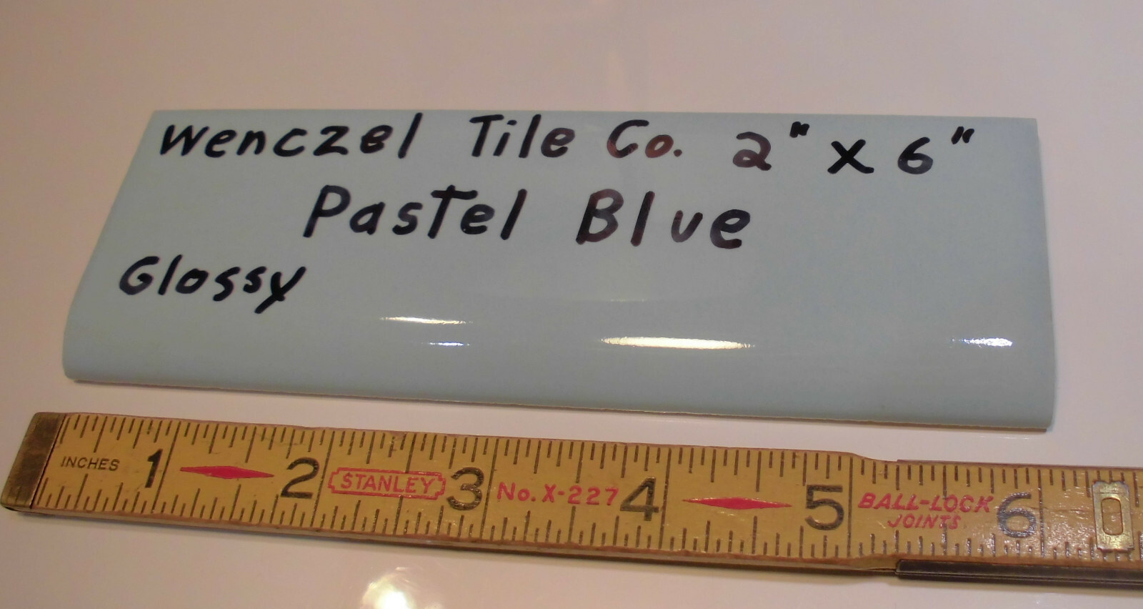 1 pc. Vintage Glossy *Pastel Blue* 2” X 6” Bullnose Ceramic Tile by Wenczel Co.