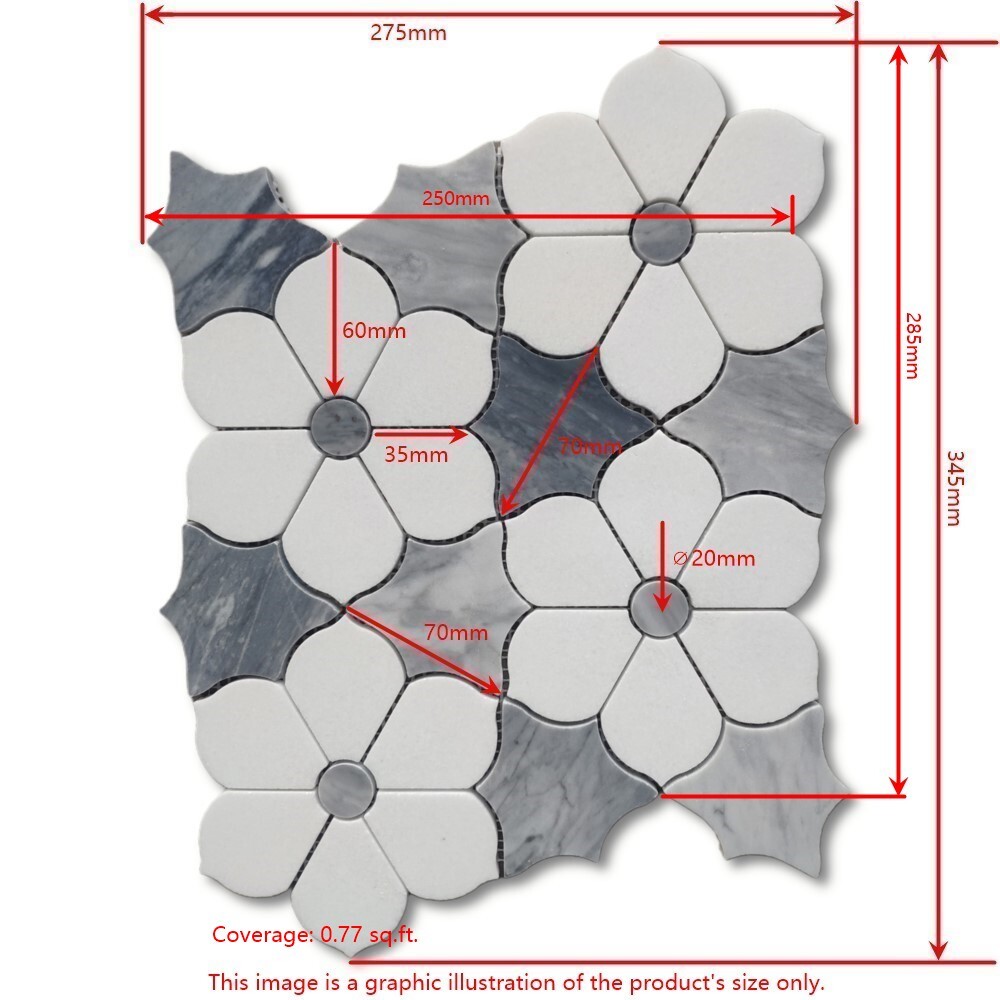 T9E7XP Thassos & Gray Marble Waterjet Magnolia Flower Accent Tile Polished