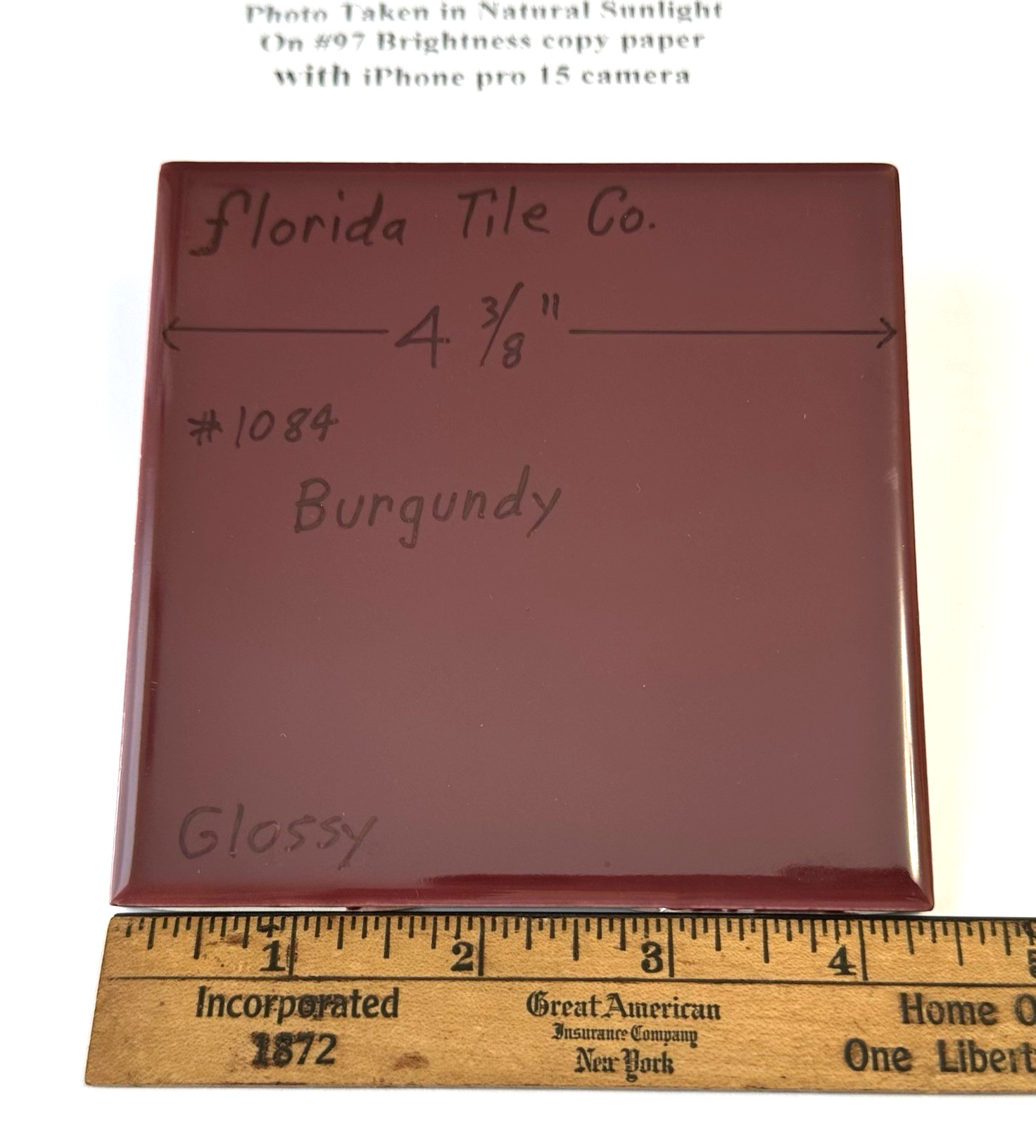 1 pc. Burgundy: 4-3/8″ Glossy Ceramic Tile by Florida Co. #1084, New Old Stock