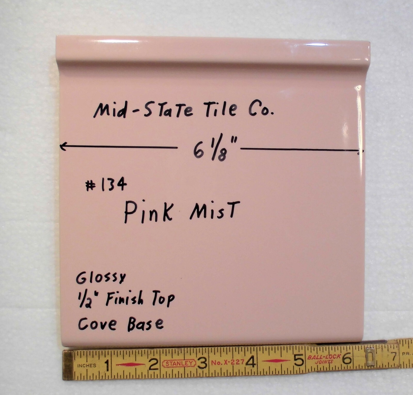 1 pc. Vintage Glossy *Pink Mist* 6” X 6” Ceramic Cove Base Tile by MID-STATE