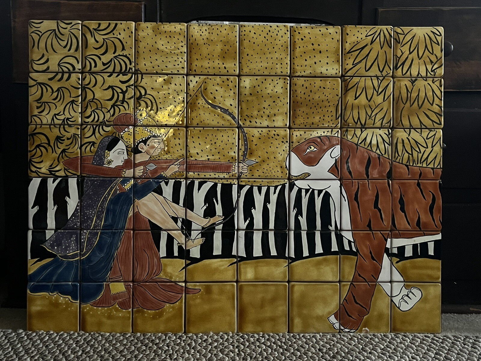 Vintage MUGHAL INDIAN Art Tile MURAL 32″ X 24″ TIGER Hunting