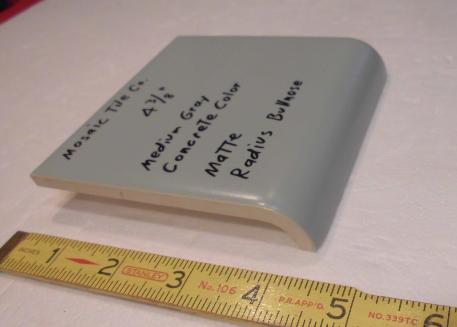 1 pc. Gray-Concrete Color: Matte Radius Bullnose Ceramic Tile 4-3/8″ Mosaic Co.