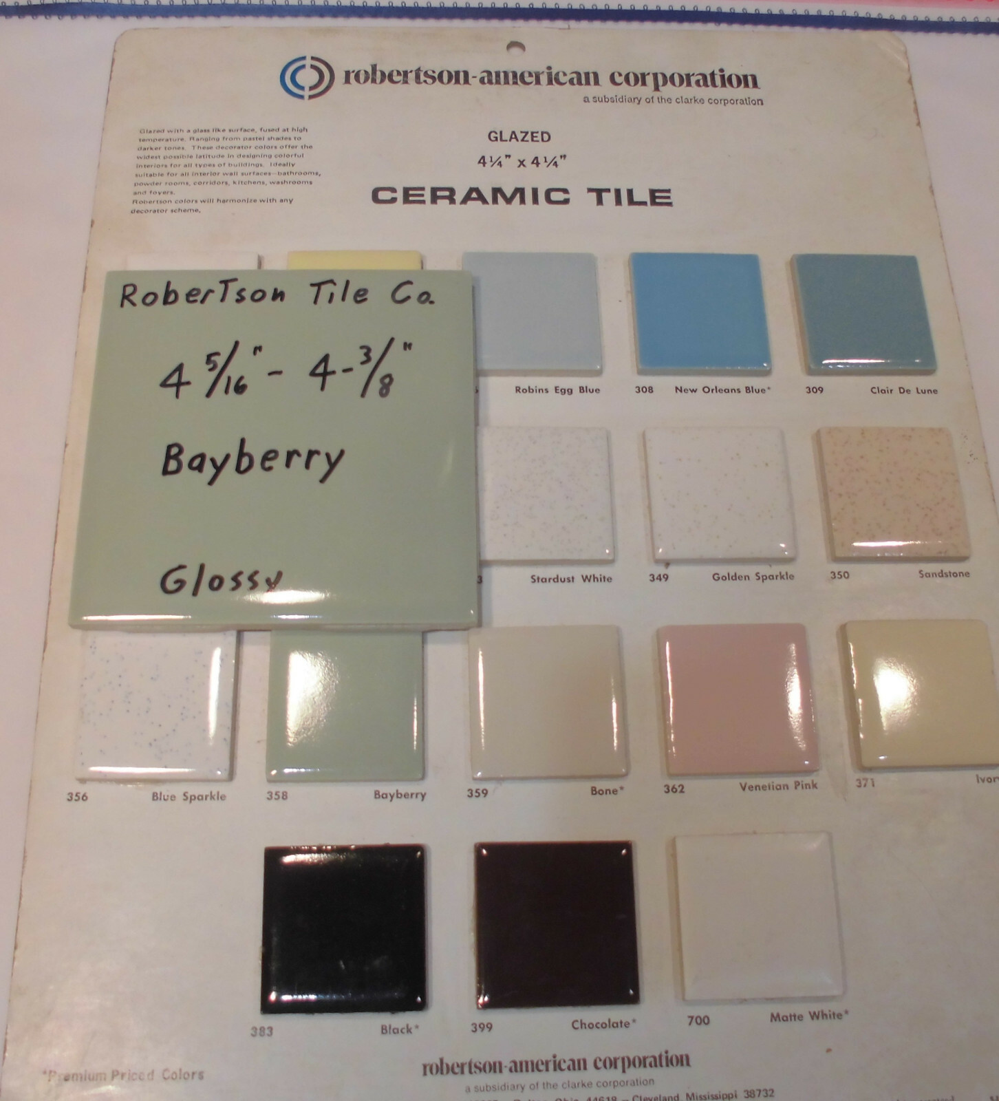 1 pc. Vintage Ceramic Tile *Bayberry Green* 4-5/16″- 4-3/8″ Robertson Co. NOS