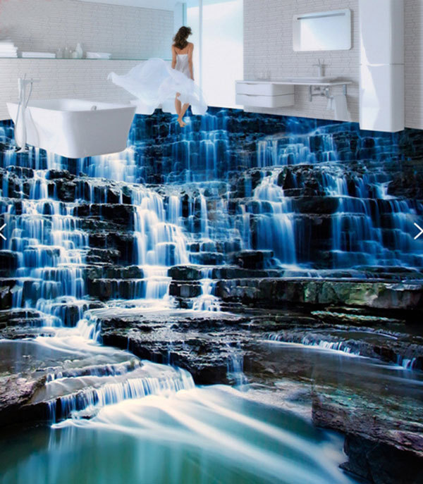 3D Waterfall Blue Rock Floor Mural Photo Flooring Wallpaper Print Home Wall Deca