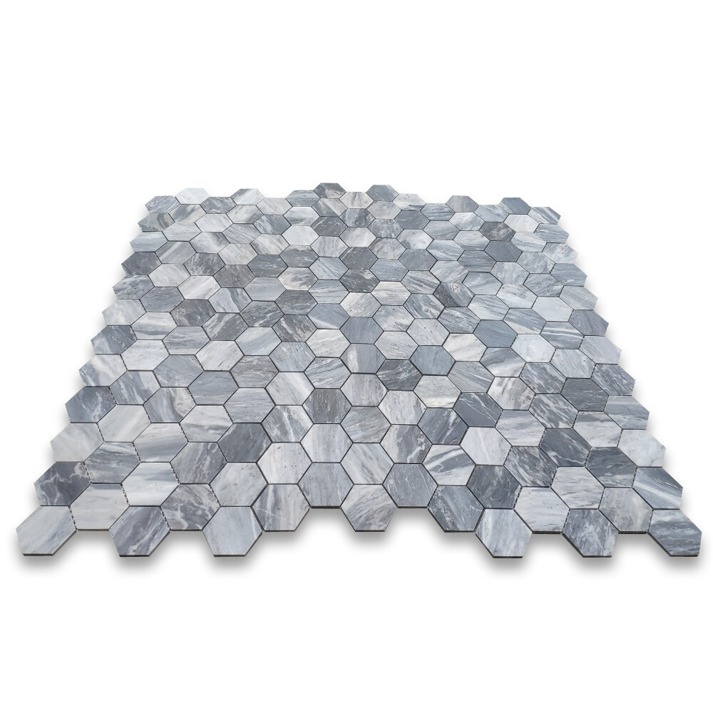 K33XH Bardiglio Gray Dark Grey Marble 3 inch Hexagon Mosaic Tile Honed