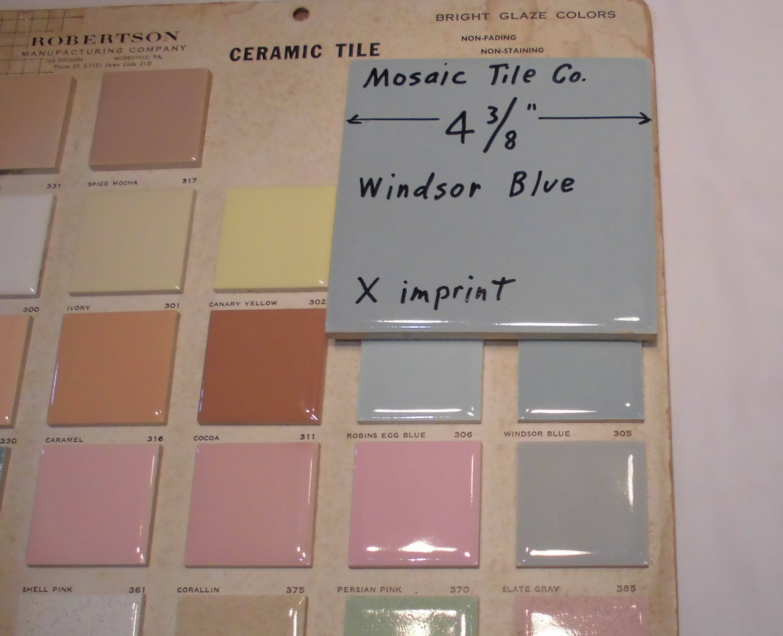1 pc. *Windsor Blue* 4-3/8″ Glossy Ceramic Tile; Mosaic Co. Concave X Design