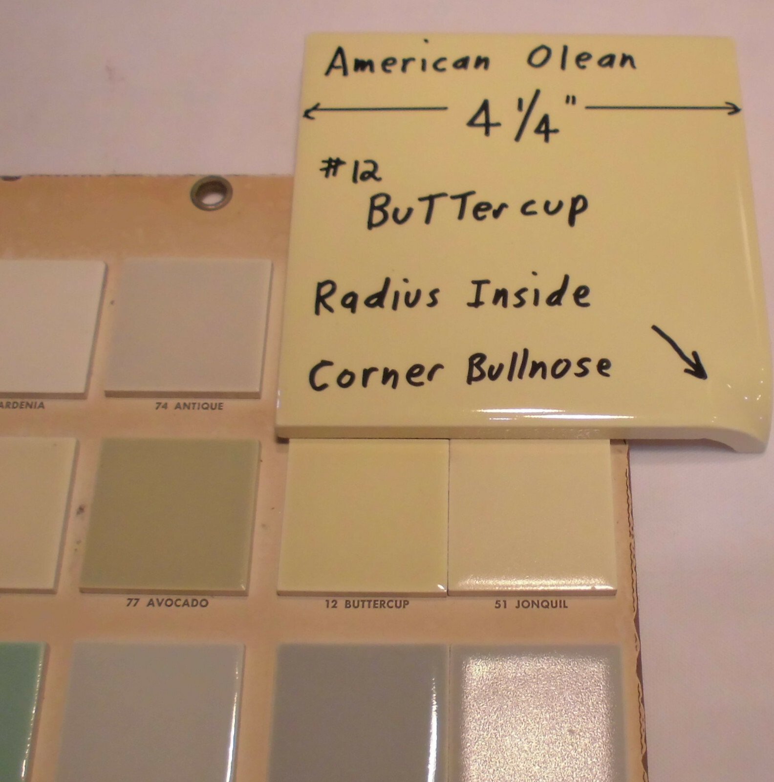 Buttercup Yellow; Glossy Radius Inside Corner Bullnose Ceramic Tile 4-1/4″ A.O.