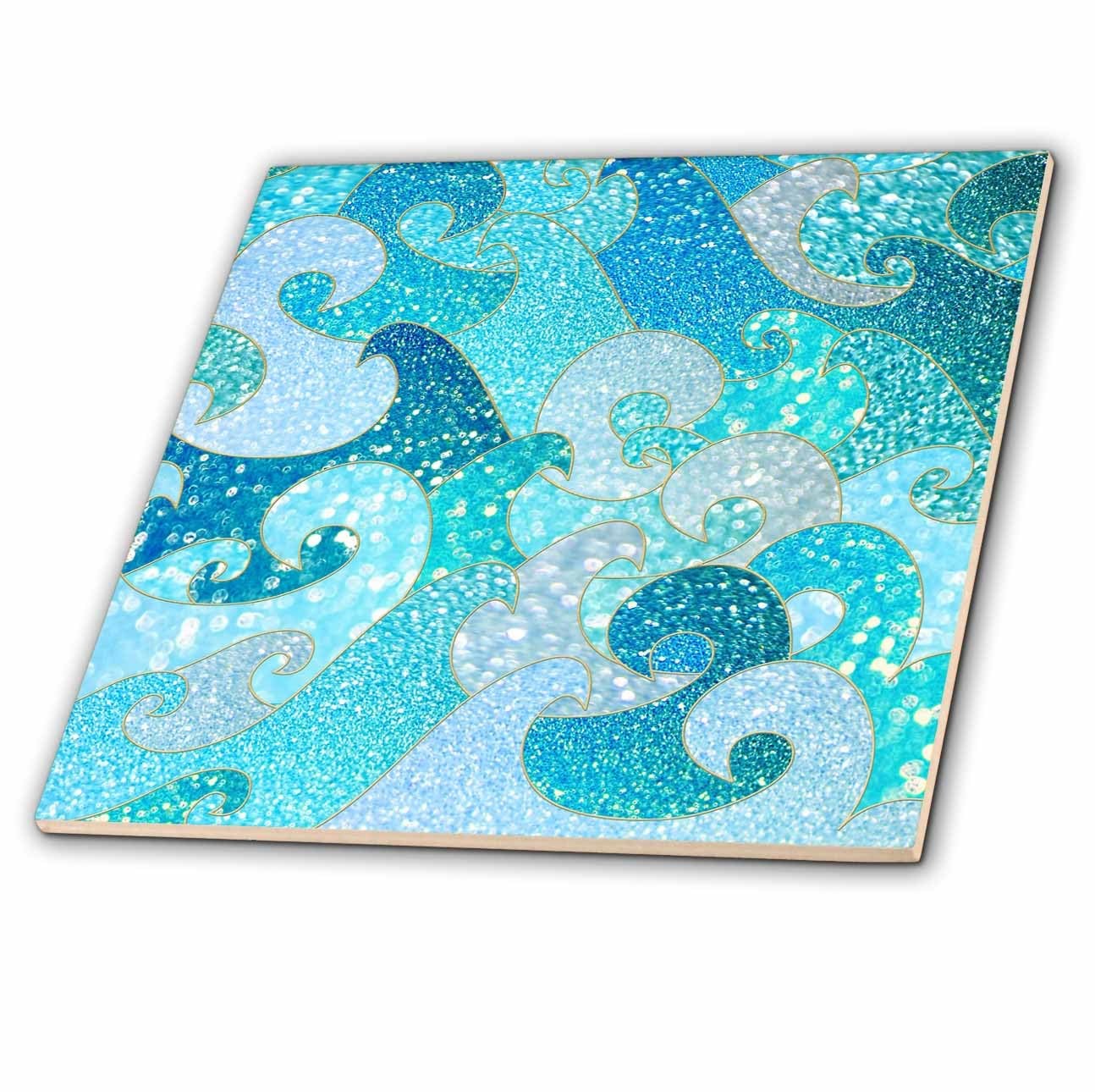 3dRose Trendy Mermaid Waves Sparkle Blue Ocean Faux Glitter Ceramic Tile 12-Inch