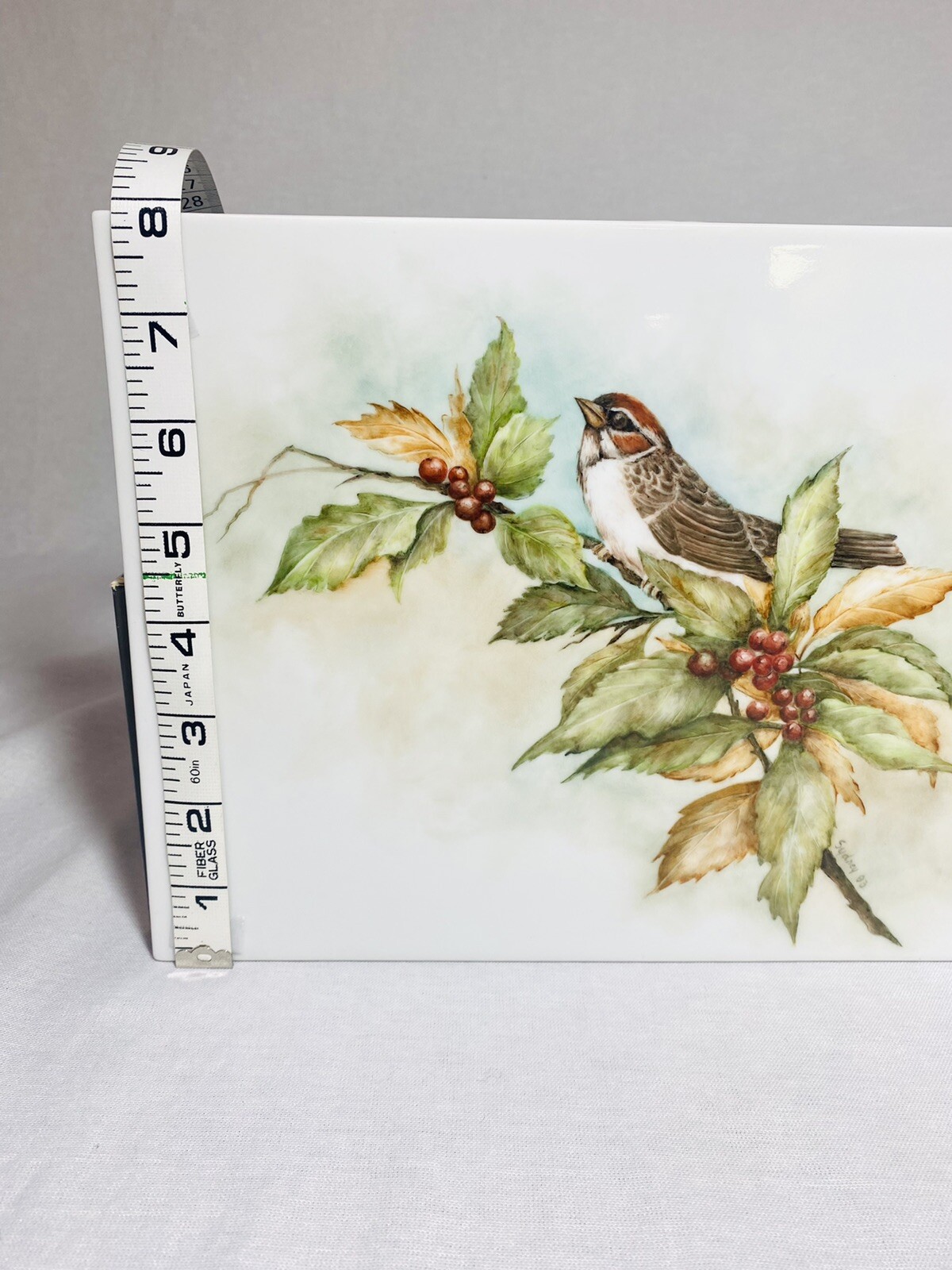 Sparrow on a Lingonberry Branch Art Border Backsplash Ceramic Craft Tile 8”x10”