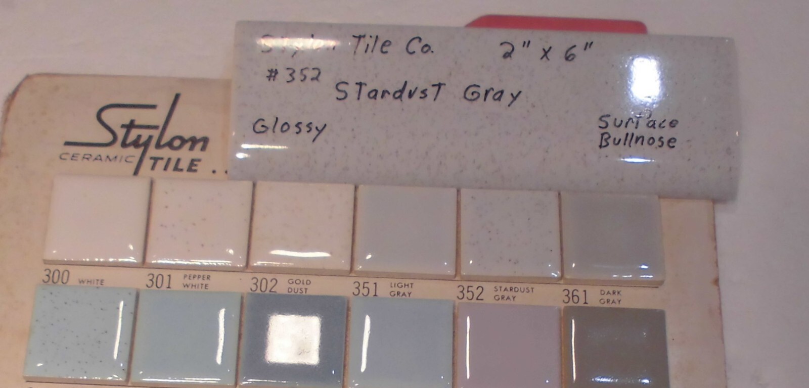 1 pc. Stardust Gray: 2” X 6” Speckled Glossy Bullnose Ceramic Tile, Stylon, Used