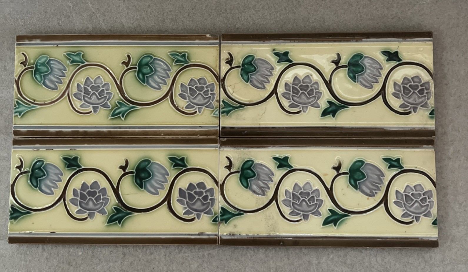 Antique Japanese Majolica Border Tiles Danto Kaisha DK Lotus Vine 6×3 Lot of 4