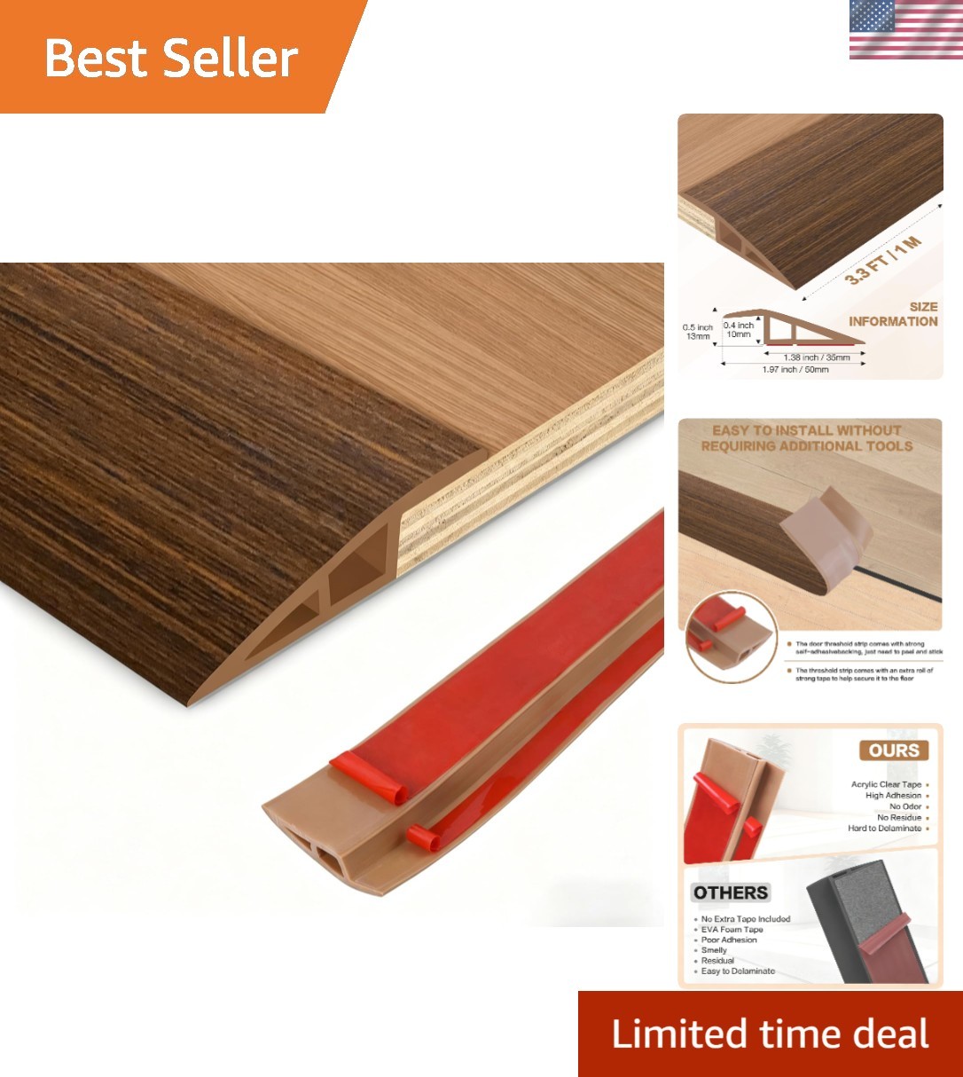 Durable Brown Wood Grain Floor Transition Strip – 3.3ft Easy Install Edge Trim