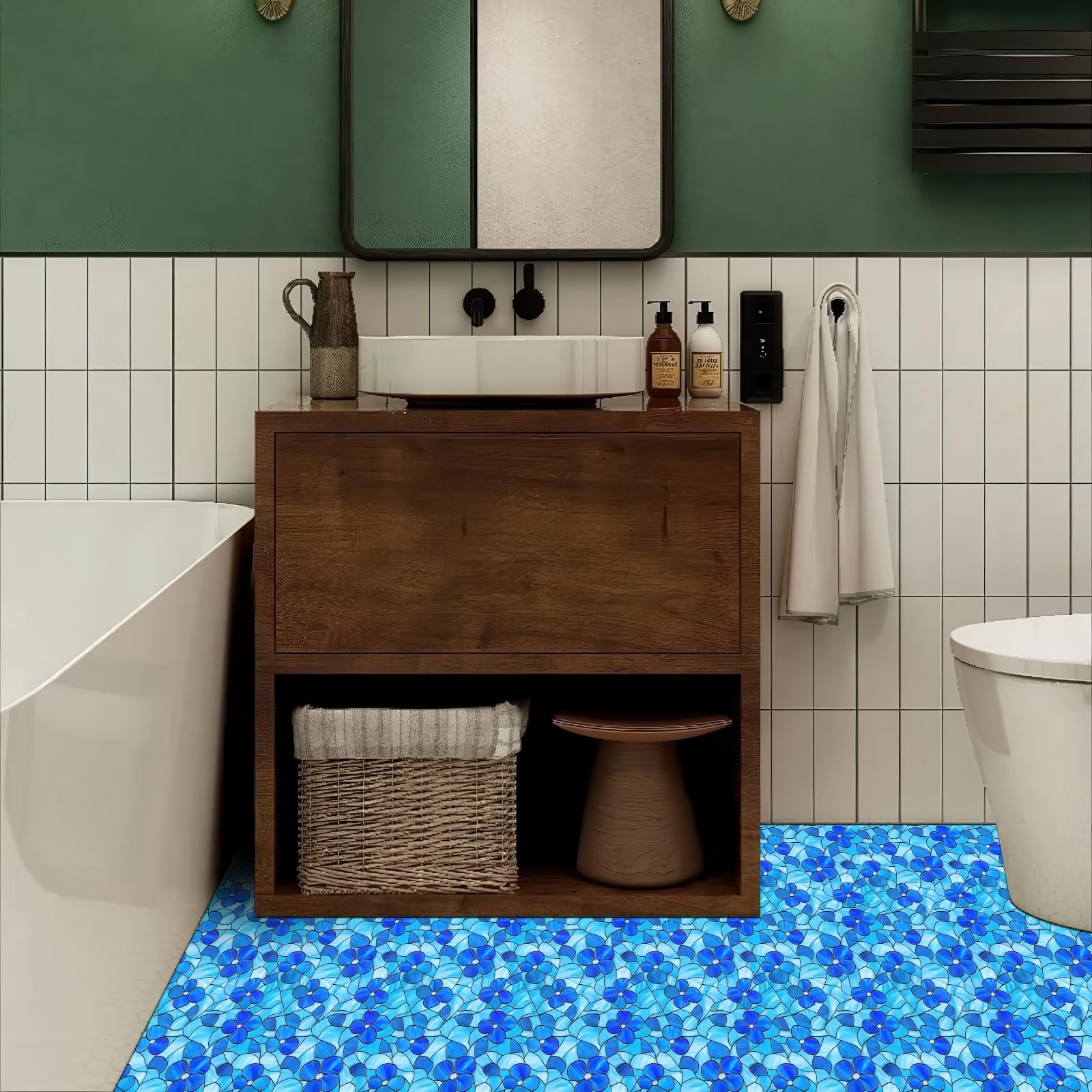 10PCS 12×12 Inch Blue Floral Textured Flat Surface Floor Tiles Peel and Stick…