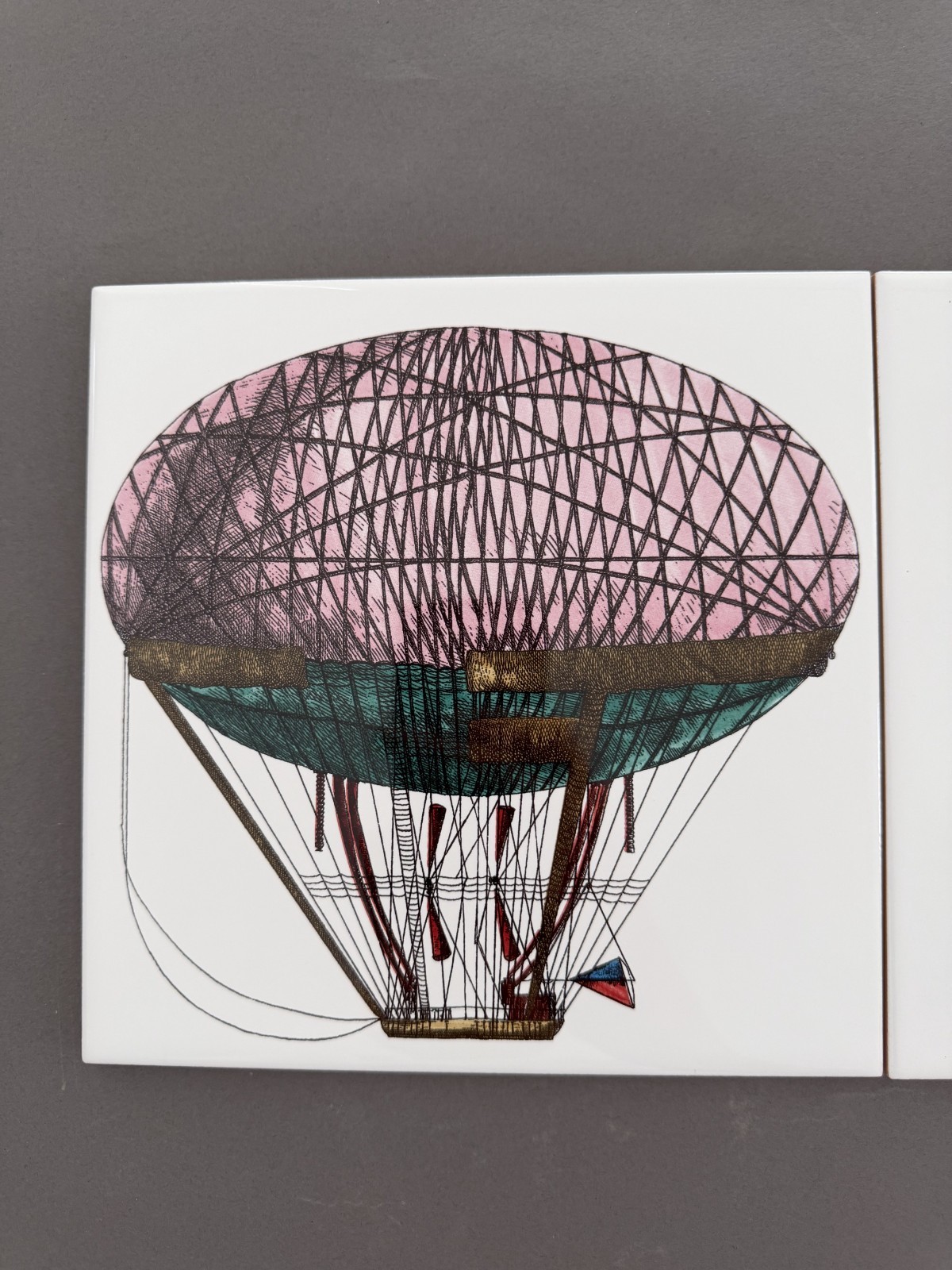 Fornasetti Airship & Signature Tile Pair 8×8 – Ceramica Bardelli Italy