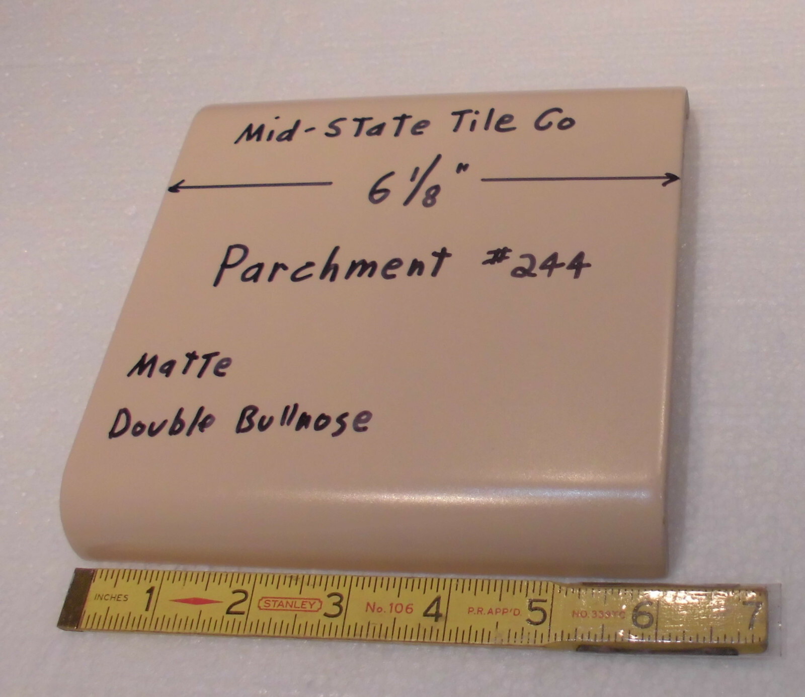 1 pc. Light Brown – Parchment; 6 1/8″ Double Radius Bullnose Glossy Ceramic Tile
