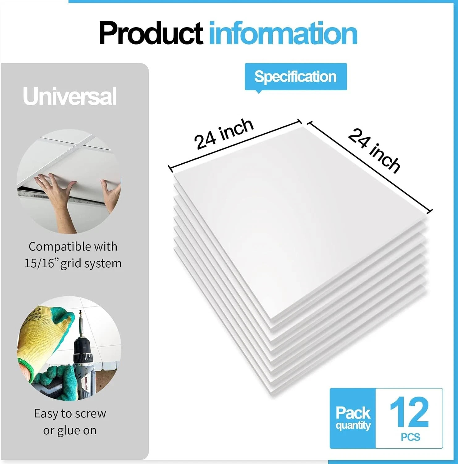 12-Pack Smooth Drop Ceiling Tile 2Ft X 2Ft – Fire-Rated, Waterproof, Reusable