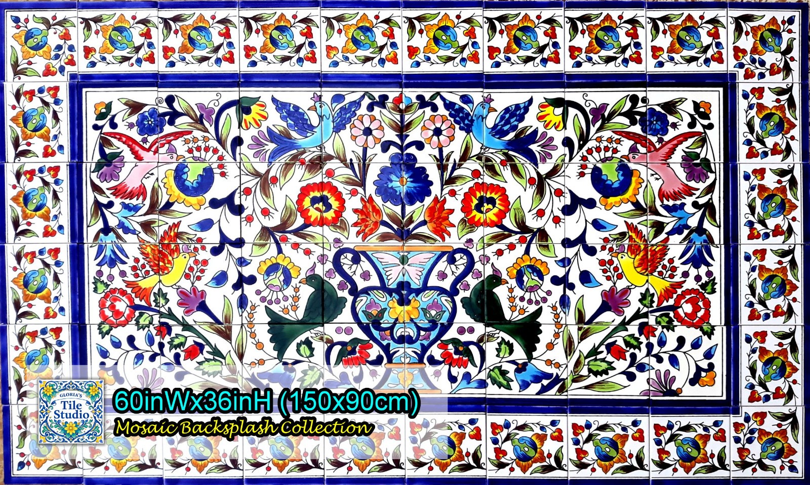24inx48in Floral Garden Design Mosaic Backsplash, Ceramic Tiles Wall Mural