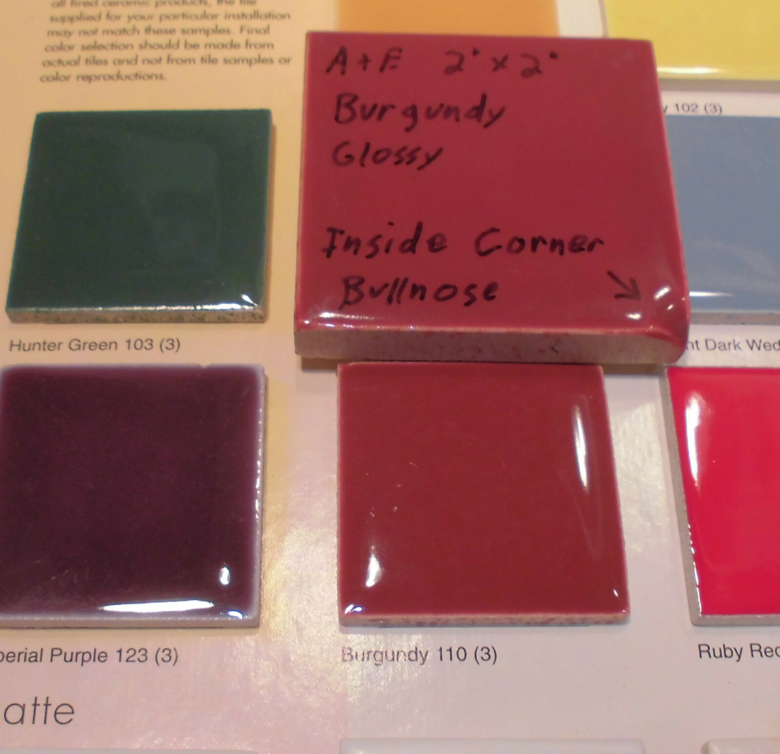 Burgundy 2″ X 2″ X 5/16″ Ceramic Surface Bullnose Inside Corner Tile; 1950’s