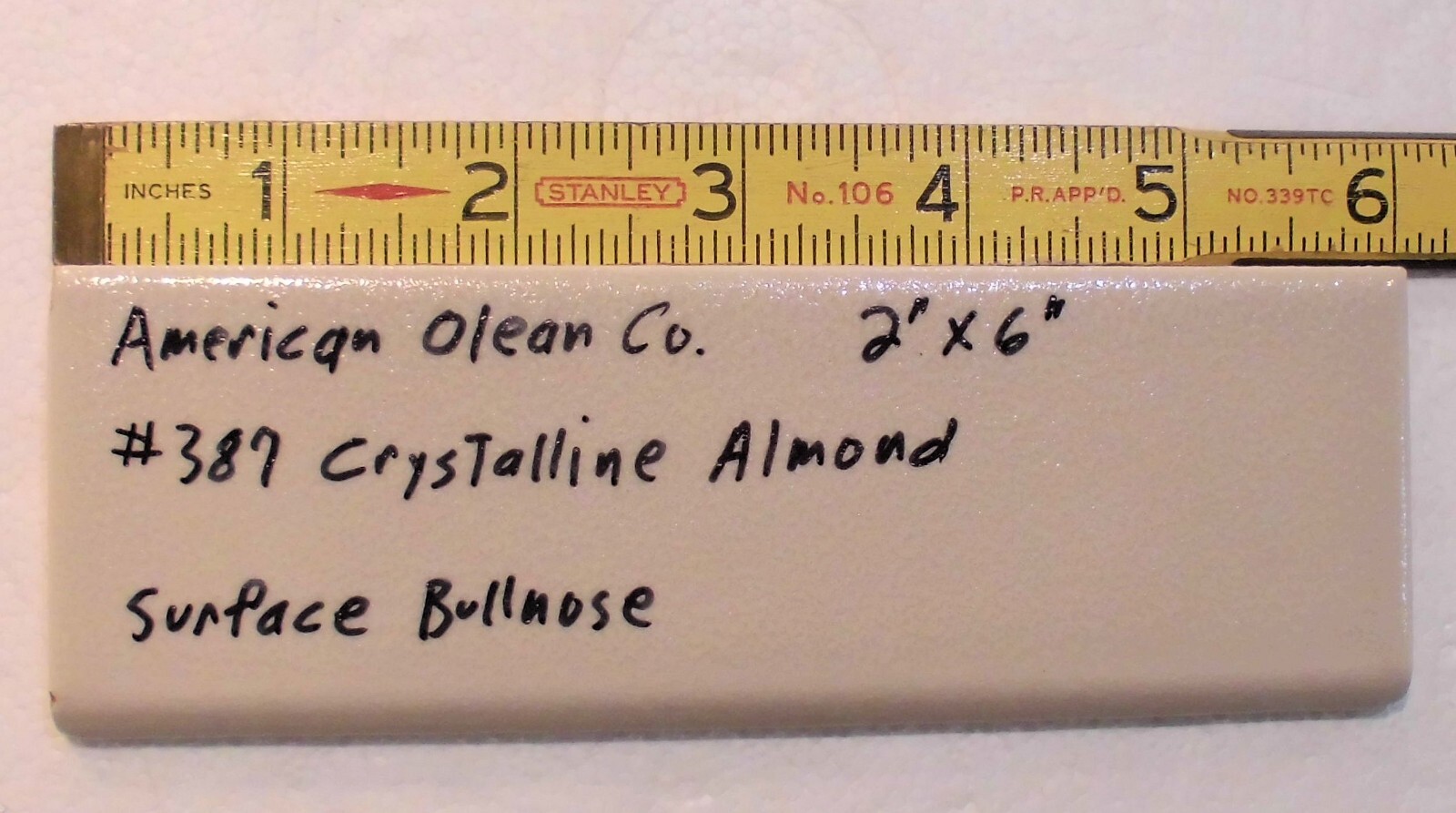 1 pc. Ceramic Bullnose Tile 2” X 6” #387 Crystalline Almond by American Olean