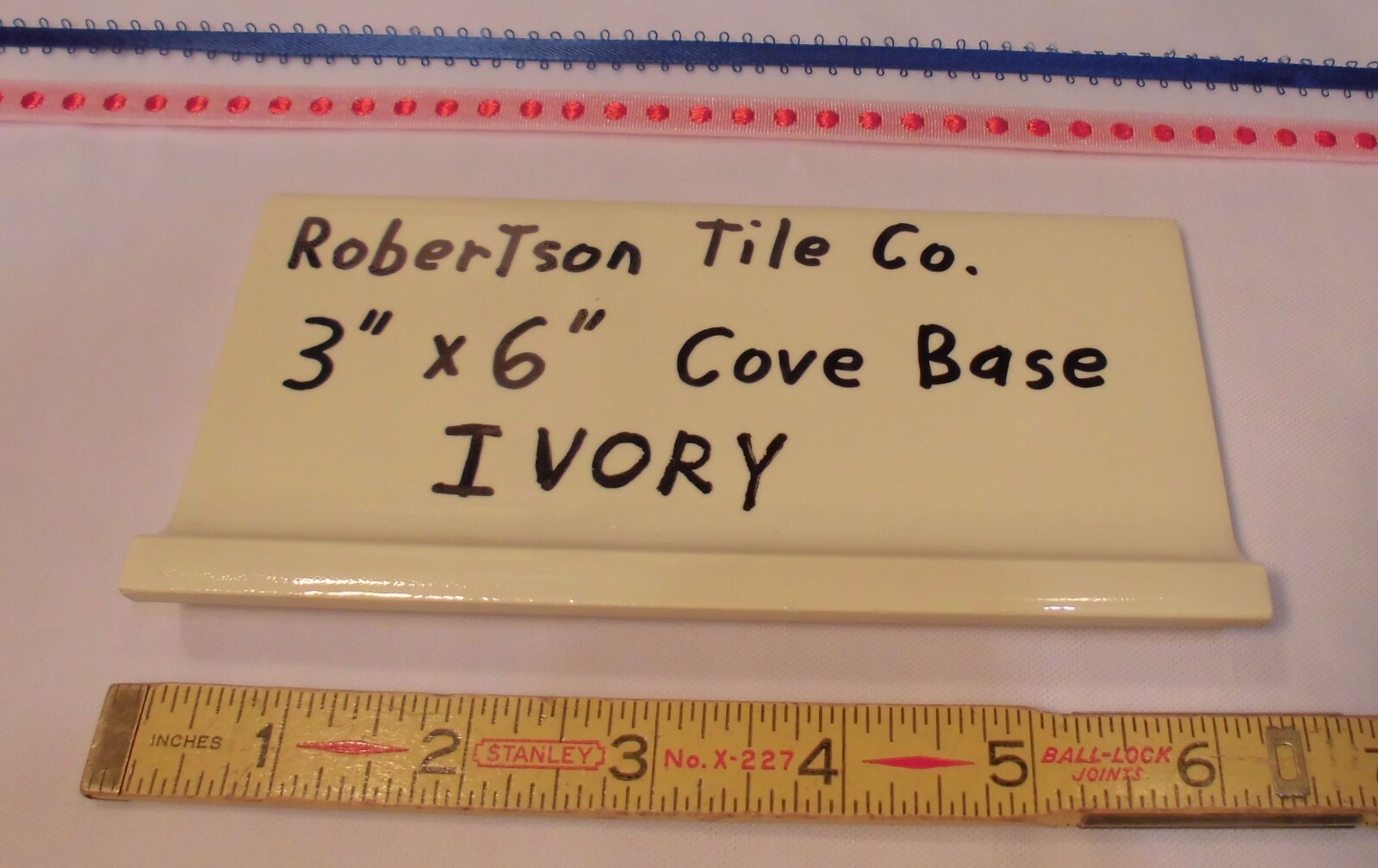 1 pc. Ivory – Yellow: Cove Base Ceramic Tile: Flat Top, Robertson Co. 3″ X 6″