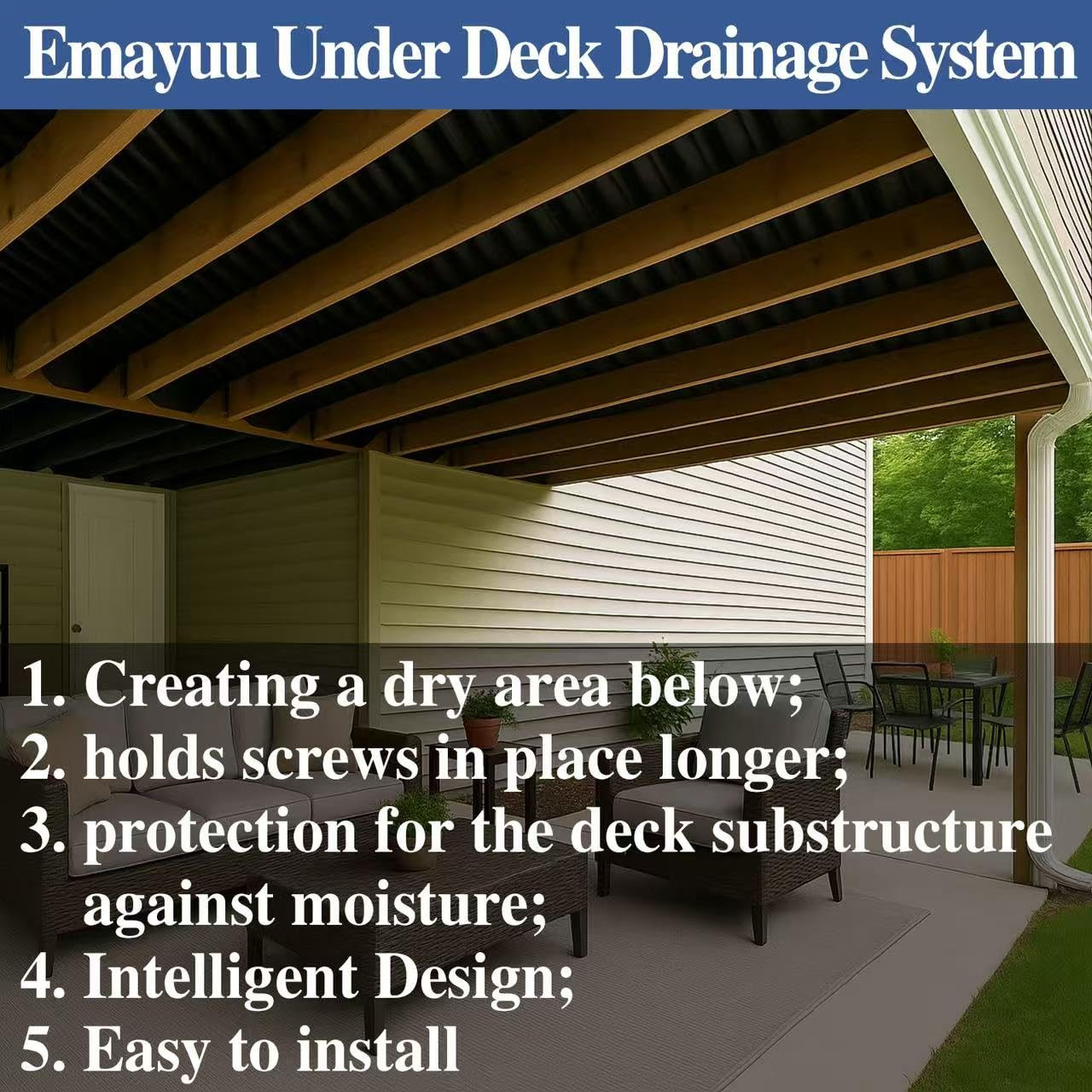 50Ft HDPE Waterproof Deck Membrane Black Under Deck Drainage 16″ Joist Spacing
