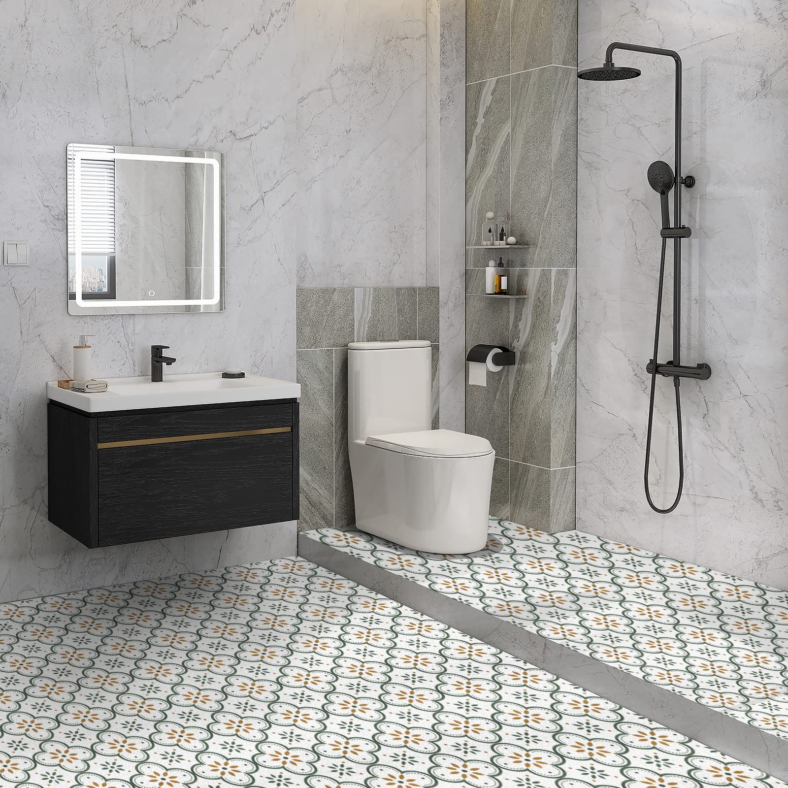 Peel & Stick Floor Tiles Self Adhesive Vinyl Flooring for Kitchen Bathroom La…