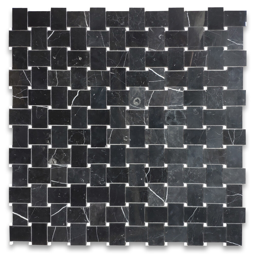 N665XP Nero Marquina Black Marble Basketweave Mosaic Tile White Dots Polished