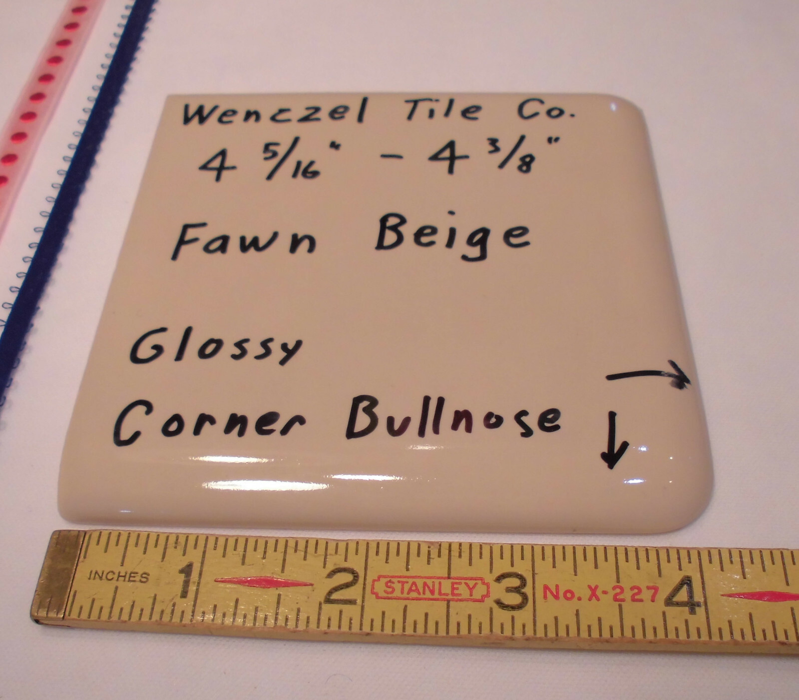 1 pc. Fawn Beige: Gloss Ceramic Corner Bullnose Tile by Wenczel Tile 4-5/16″