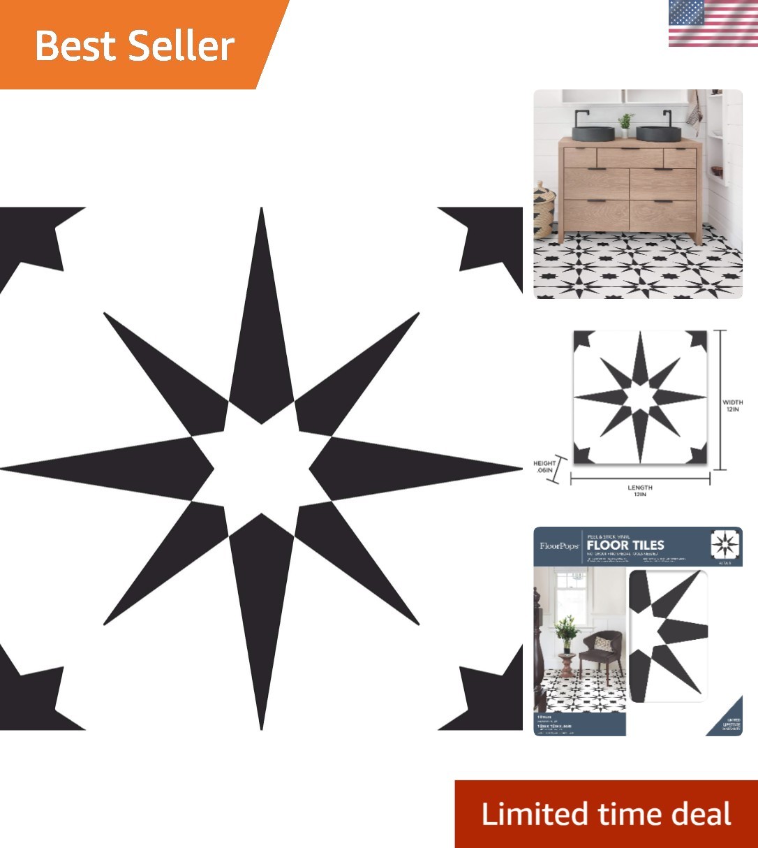 Elegant Black Geometric Floor Tiles – Peel & Stick Vinyl, 12×12 Inches, 10 Tiles