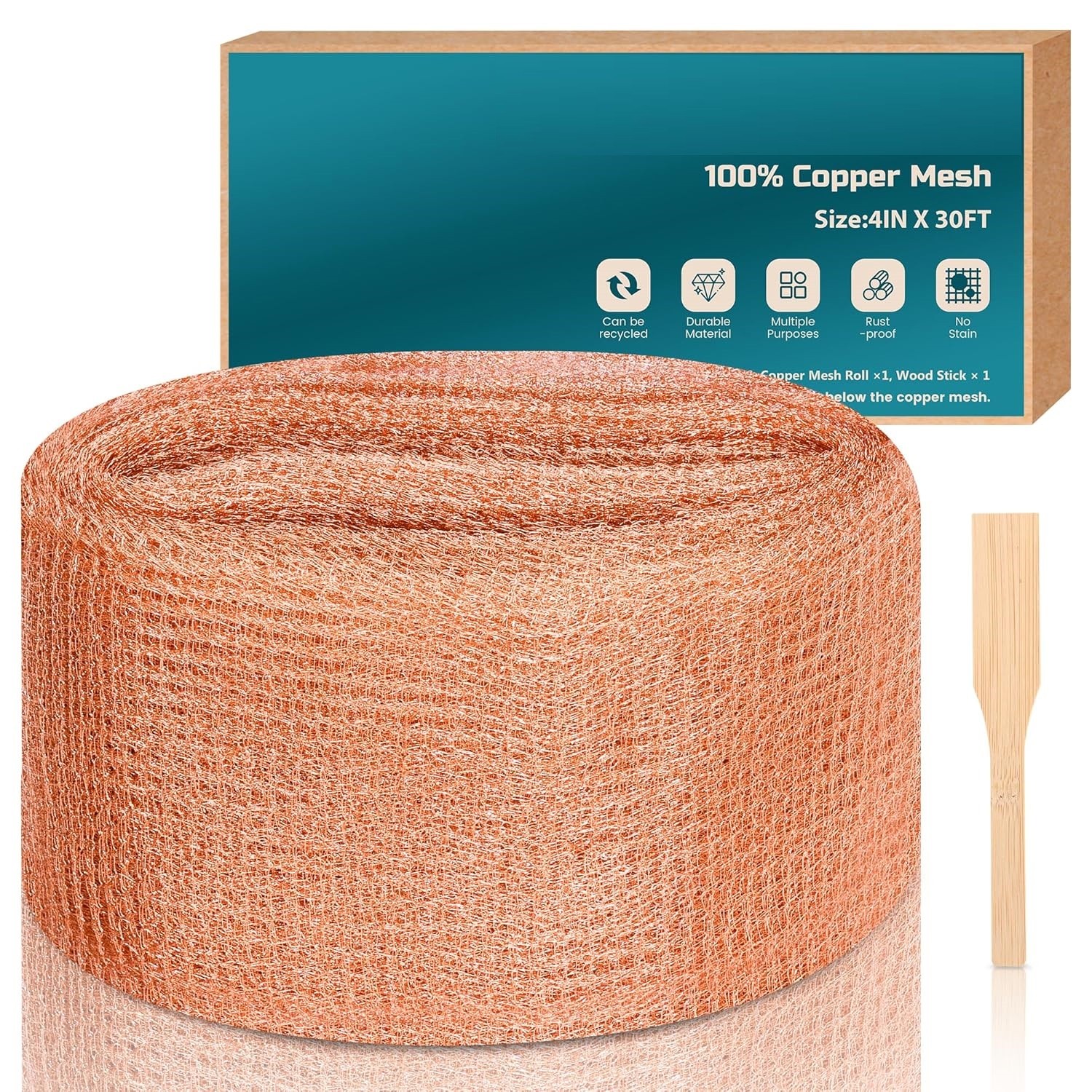 Copper Mesh Rodent Control Kit 4In x 30Ft Rustproof 100% Pure Copper Mesh Roll
