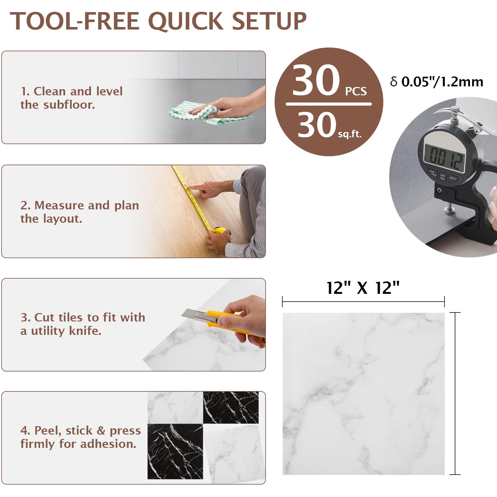 Peel and Stick Floor Tile, 30 PCS 12″ x 12″ Checkered Waterproof Marble Textu…