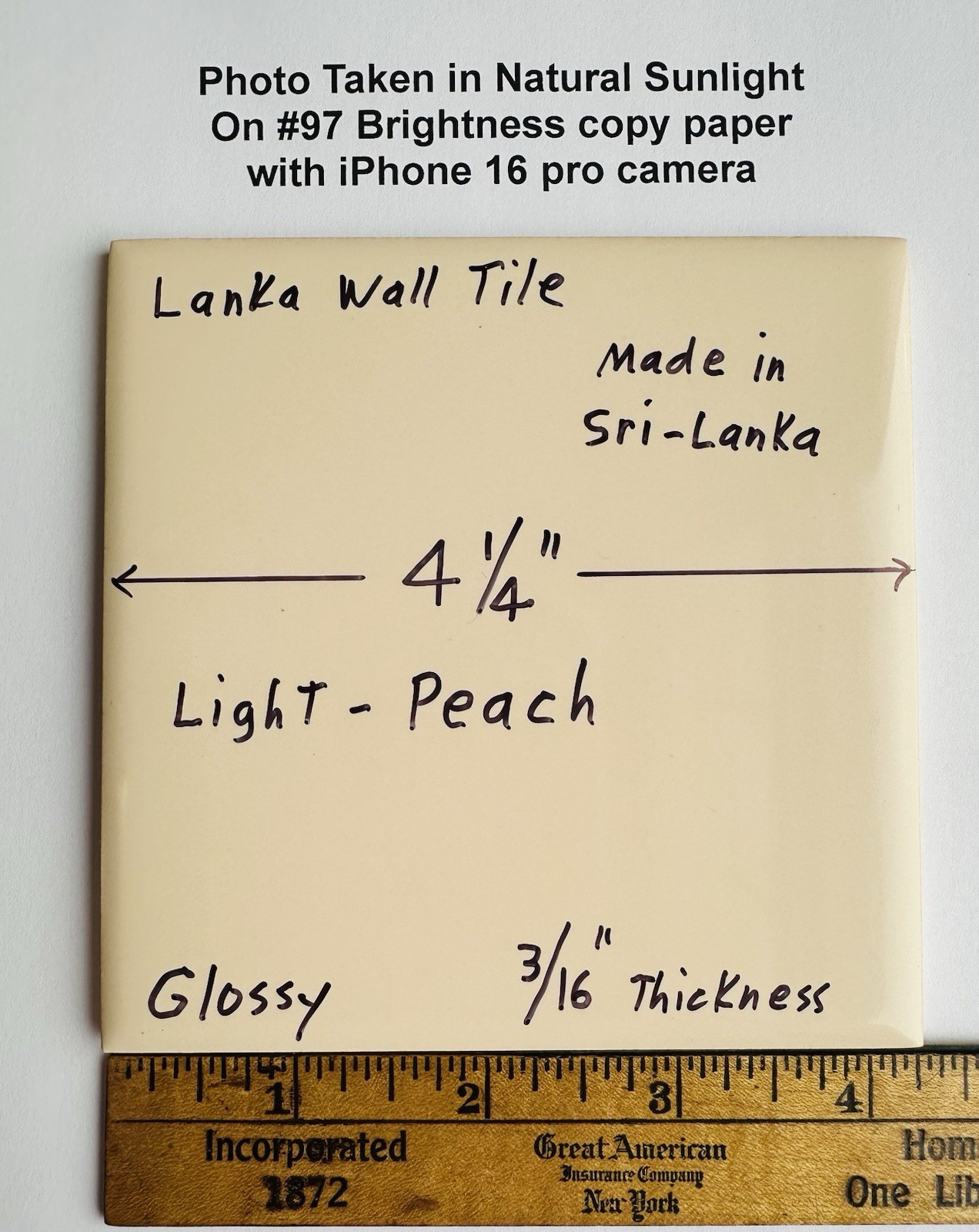 1 pc. Light Peach Color: Glossy Ceramic Tile, 4-1/4″ X 3/16″ thickness, New