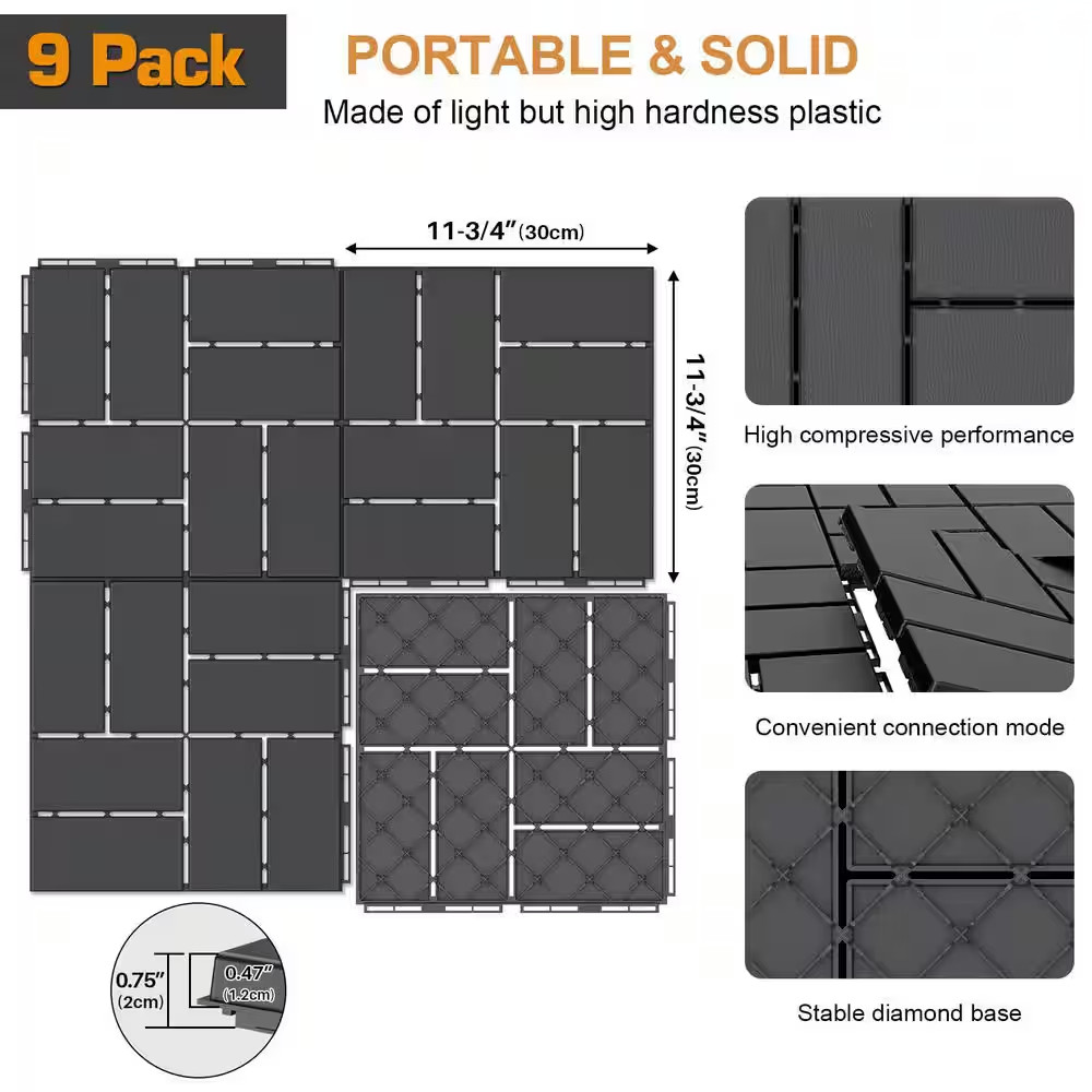 12 In. X 12 In. X 0.75 In. Outdoor Plastic Deck Tiles Paver for Pool Balcony Bac