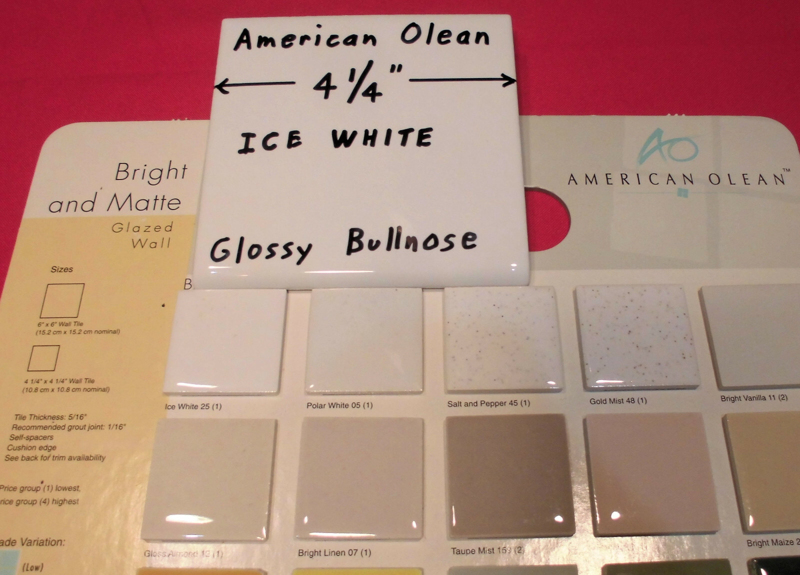 1 pc. *Brightest Ice White* 4-1/4″ Ceramic Bullnose Tile by American Olean; New
