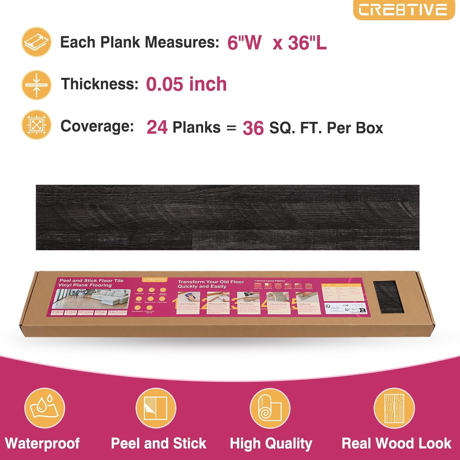 24-Pack Waterproof Dark Grey Vinyl Peel and Stick Floor Tiles – 6″x36