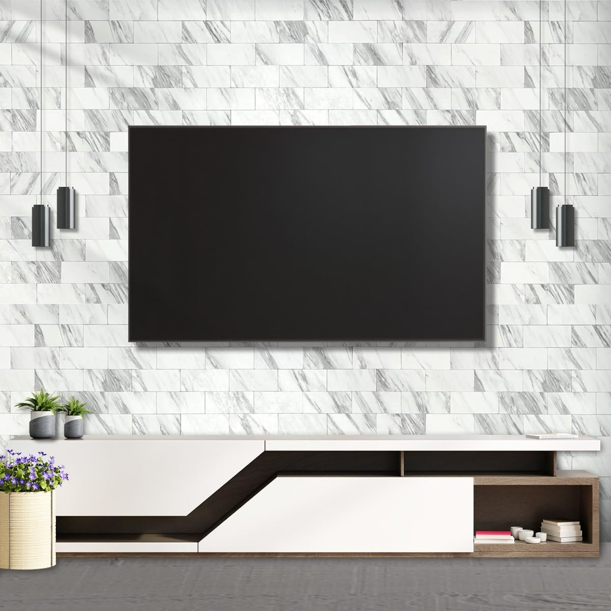 100-Piece White Marble Look Peel and Stick Backsplash Wall Tiles, 3″ X
