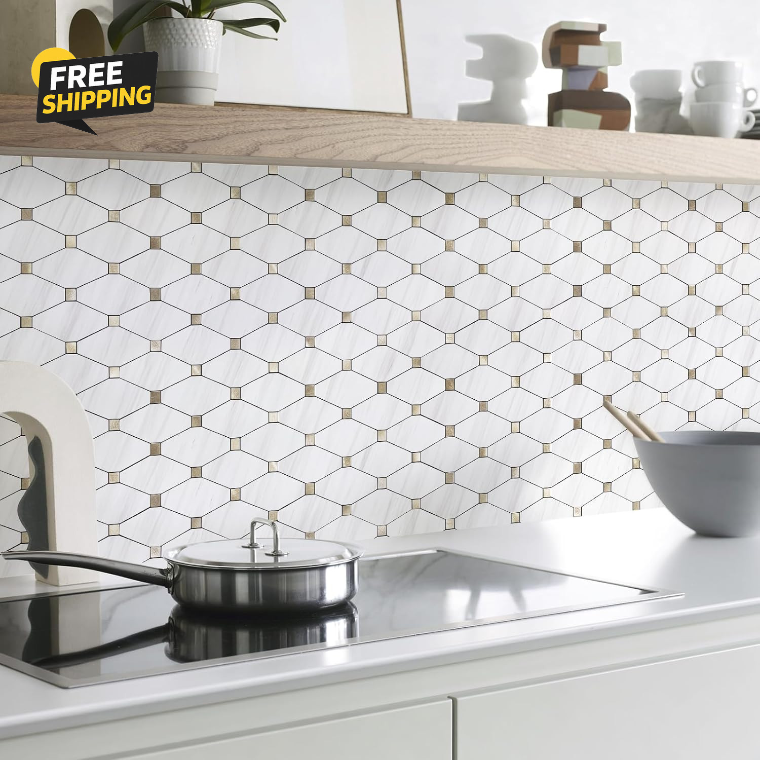 10 Sheets Peel and Stick Dolomite Mosaic Tile, White Marble Look PVC Mixed