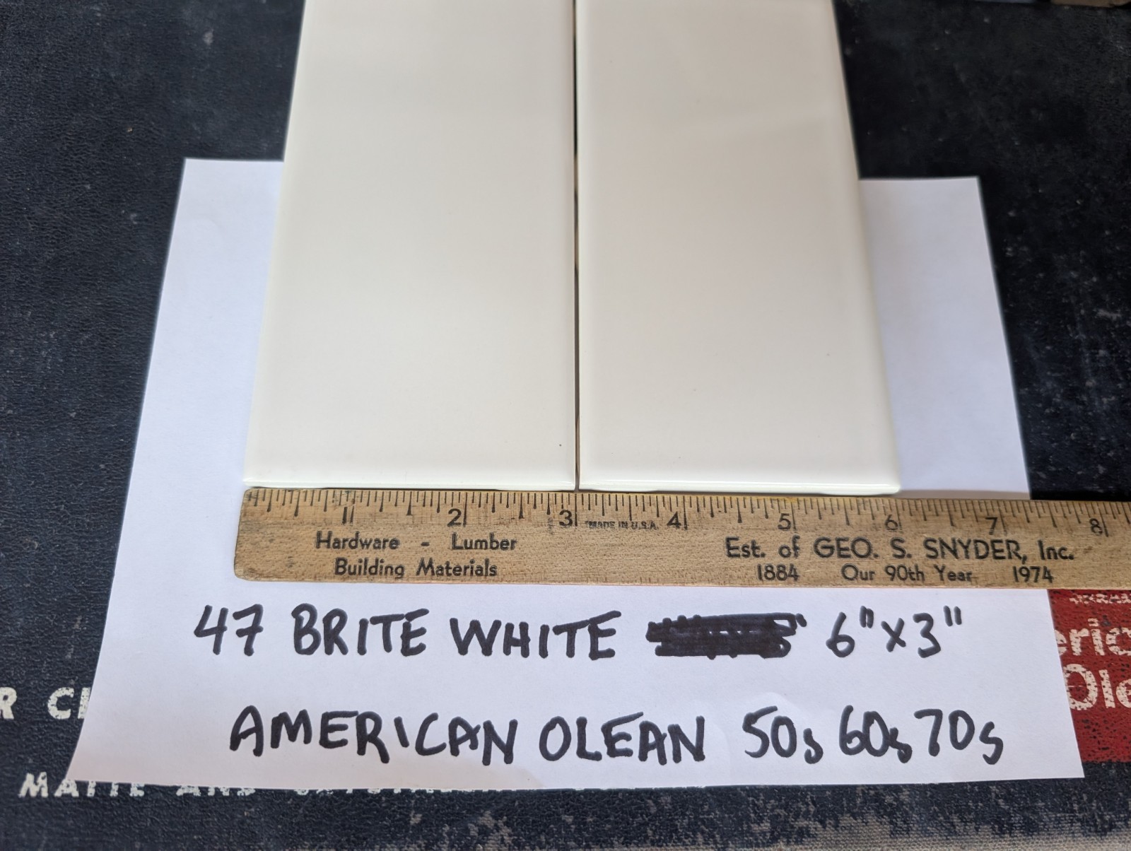 2 pcs American Olean Ceramic Tile Gloss Brite White #47 6″x3″ Subway 1960s 70s
